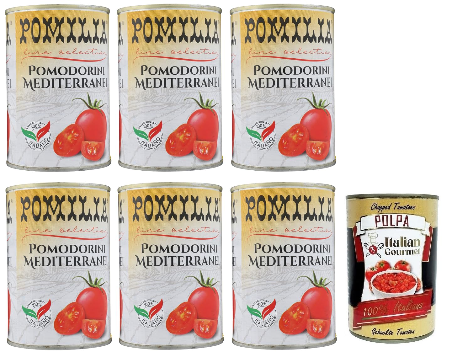 Pomilia Pomodorini Ciliegini Mediterranei Lot de 6 tomates cerises méditerranéennes 100 % tomates italiennes 400 g + boîte de 400 g