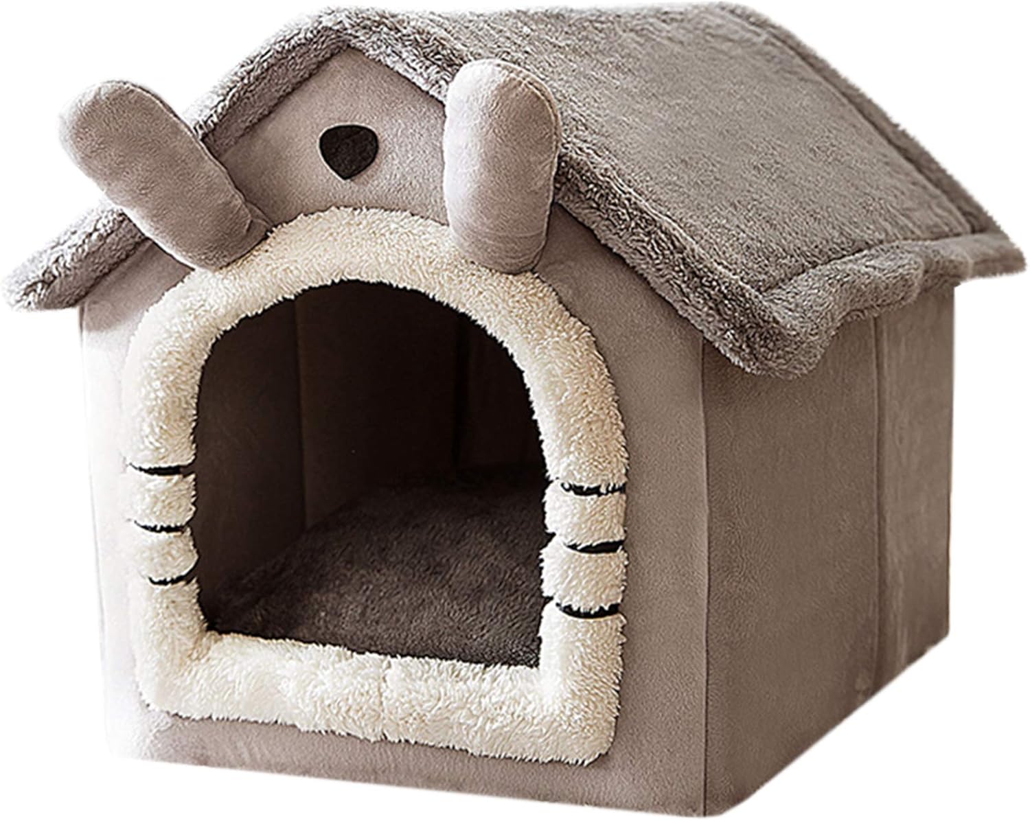 小型犬猫用ペットハウス室内用犬小屋三角屋根ドット ペットベッドハウス取り外し可能屋根付きふわふわ クッション付き 猫 テント オールシーズン おしゃれ 洗える 折りたたみ可 寝床 冷暖房 ホットカーペット対応3サイズ(グレー猫柄, M)