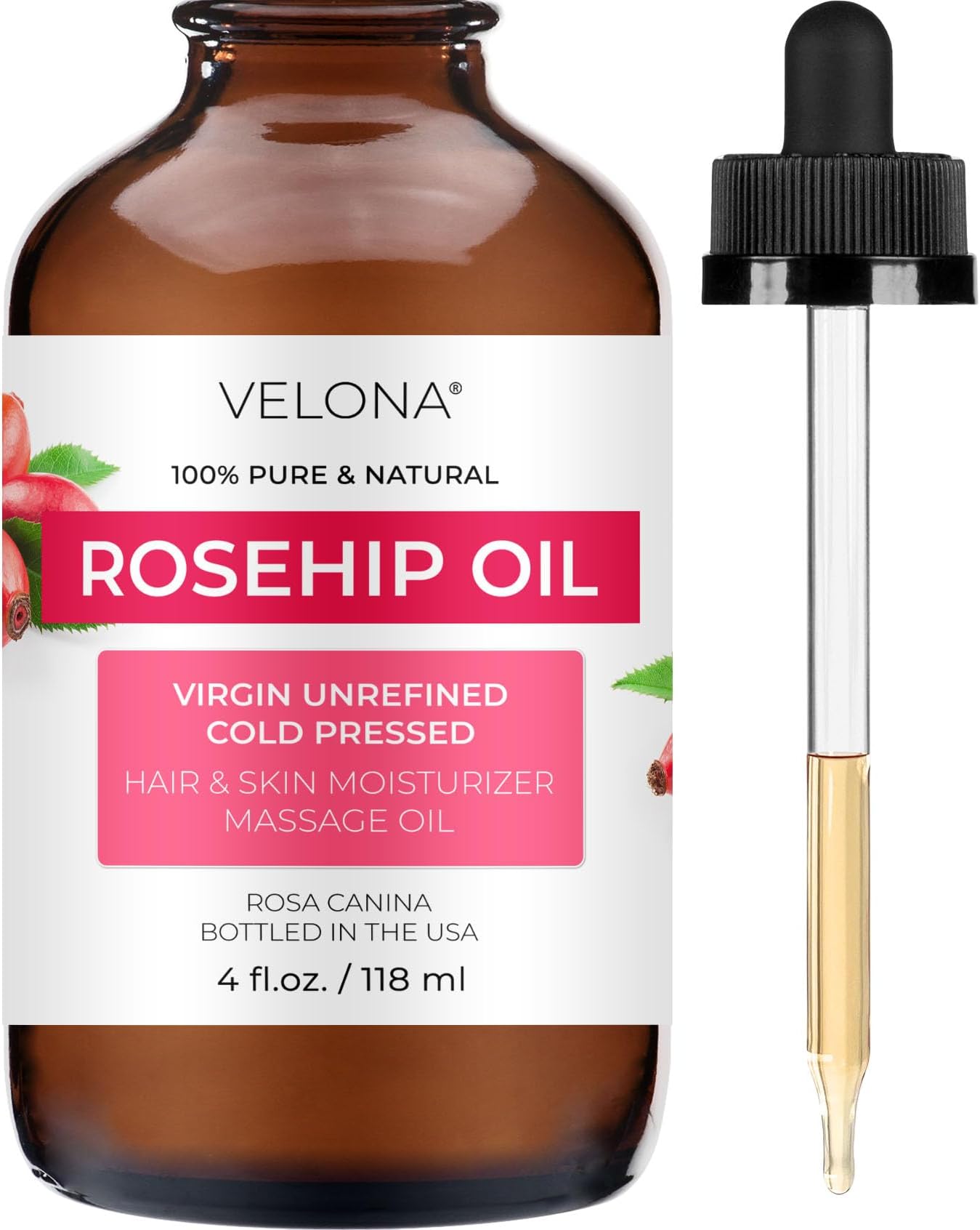 velona Rosehip Oil USDA Certified Organic - 100% Pure and Natural Carrier Oil, Unrefined, Cold Pressed, Hexane Free, Moisturising Face, Hair, Body, Skin Care, Stretch Marks, Scars etc