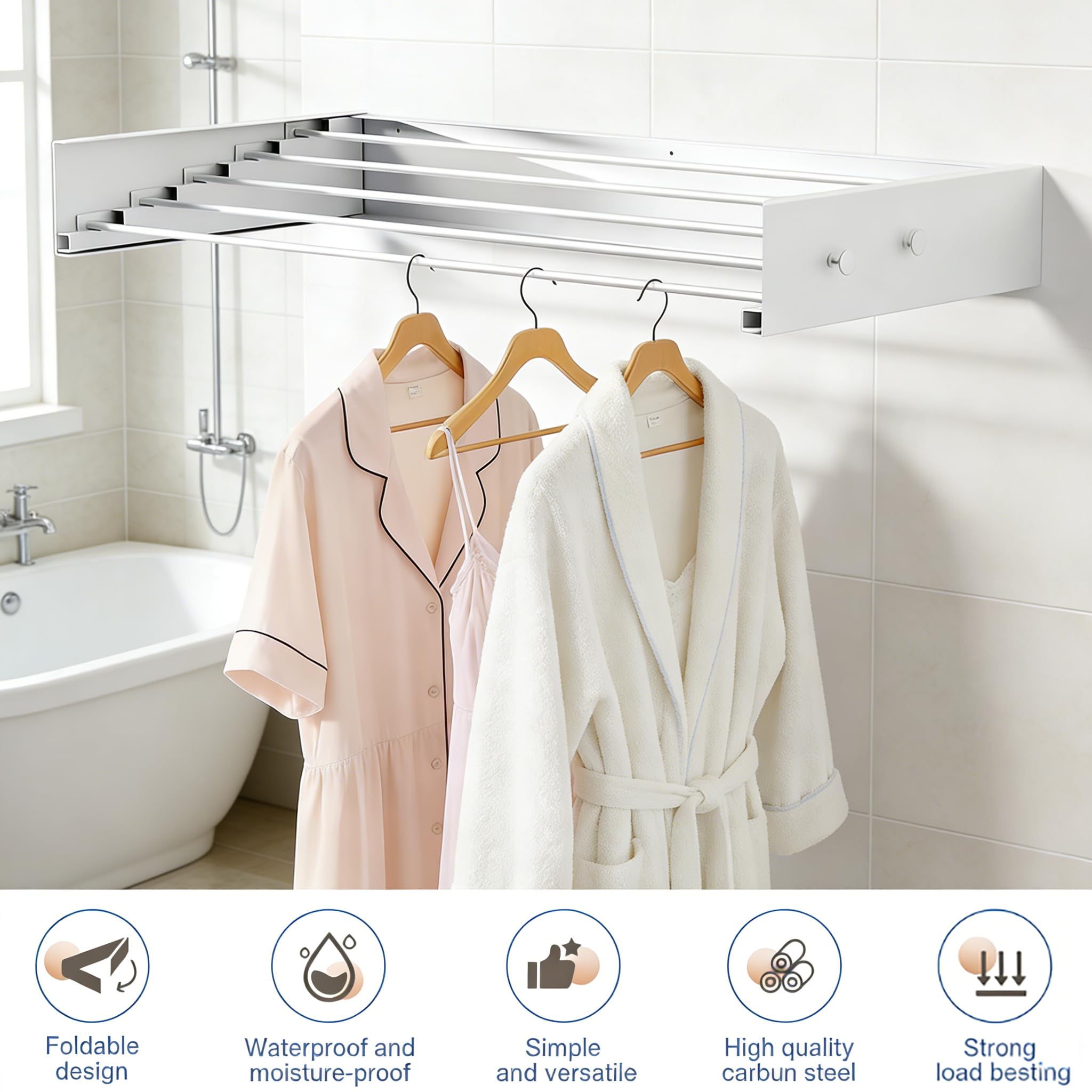 Séchoir à linge pliable pour montage mural, capacité de charge de 25 kg, peu encombrant, idéal pour la salle de bain, le balcon et les petits appartements, installation facile (5 barres de