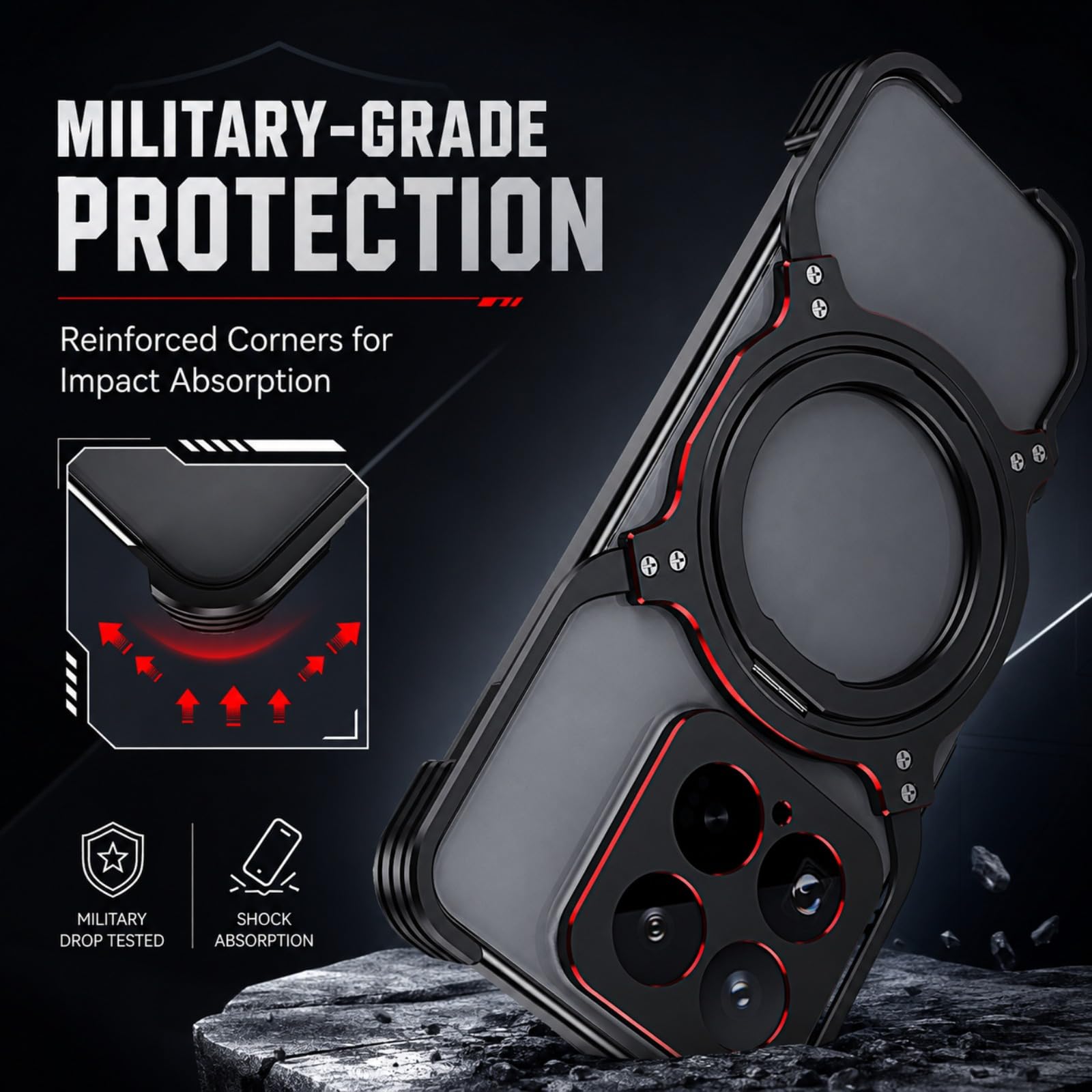 Funda para Xiaomi 15 Pro con Anillo Giratorio, Negro Rojo | Anillo Magnético Giratorio con Soporte, Estructura de Metal Abierta, Bordes de Cámara Elevados, Esquinas Reforzadas