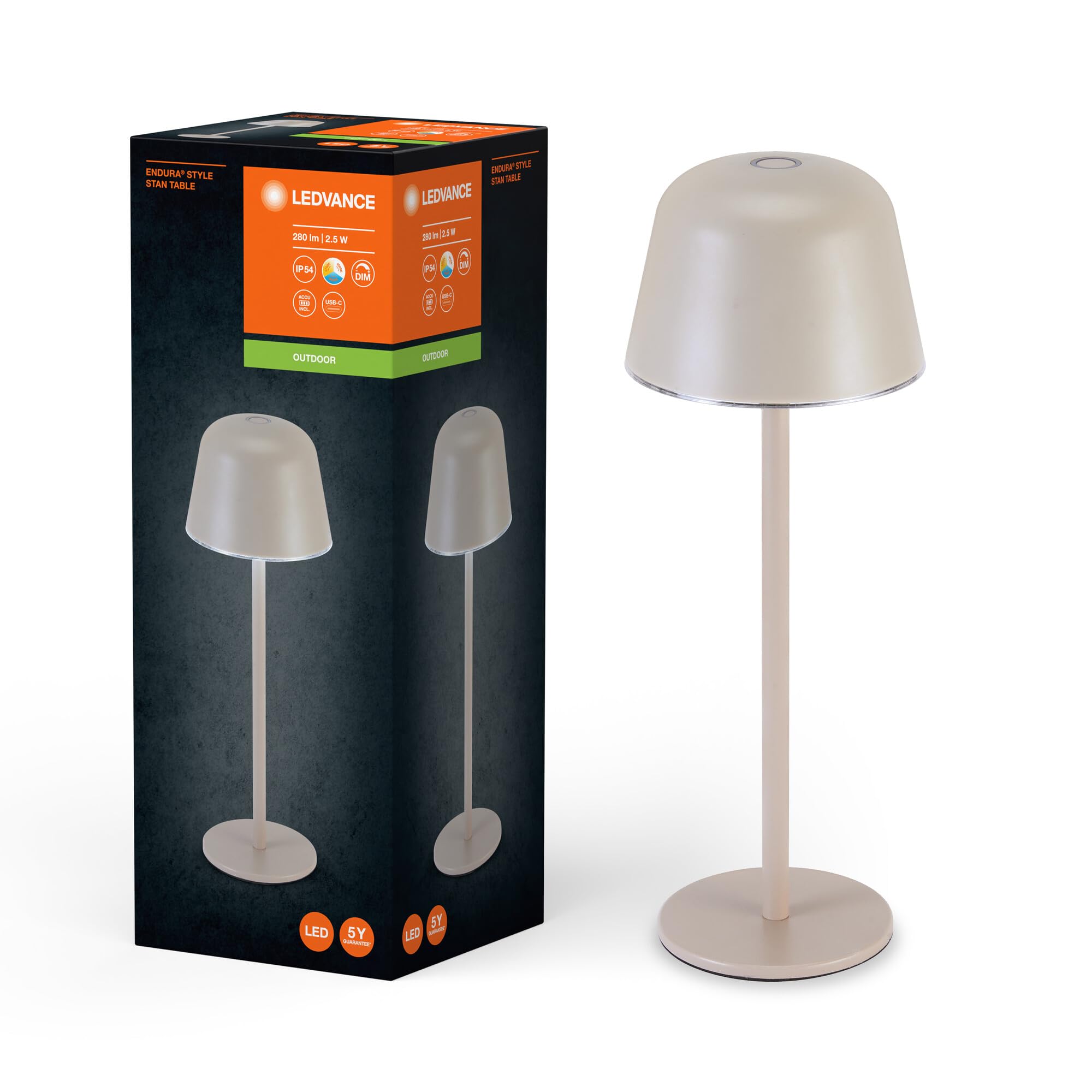 LEDVANCE Endura Style Table Outdoor Light, 2.5W, 200lm, Beige, Table Light, Rechargeable Battery, IP54 Protection, stepless dimming, Brightness Memory Function