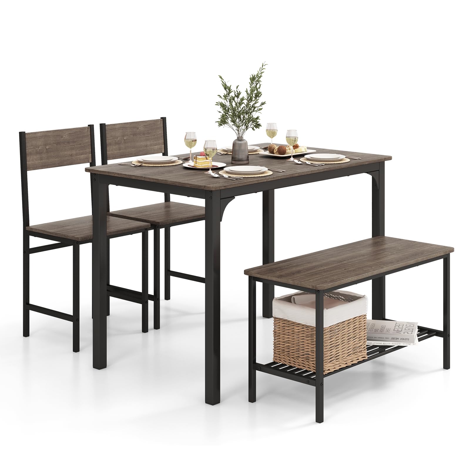 COSTWAY Dining Table and 2 Chair Set with 1 Bench, 4 Pieces Industrial Gathering Bench Set with Storage Rack, Metal Frame Dining Room Furniture for Home Kitchen Restaurant (Grey)