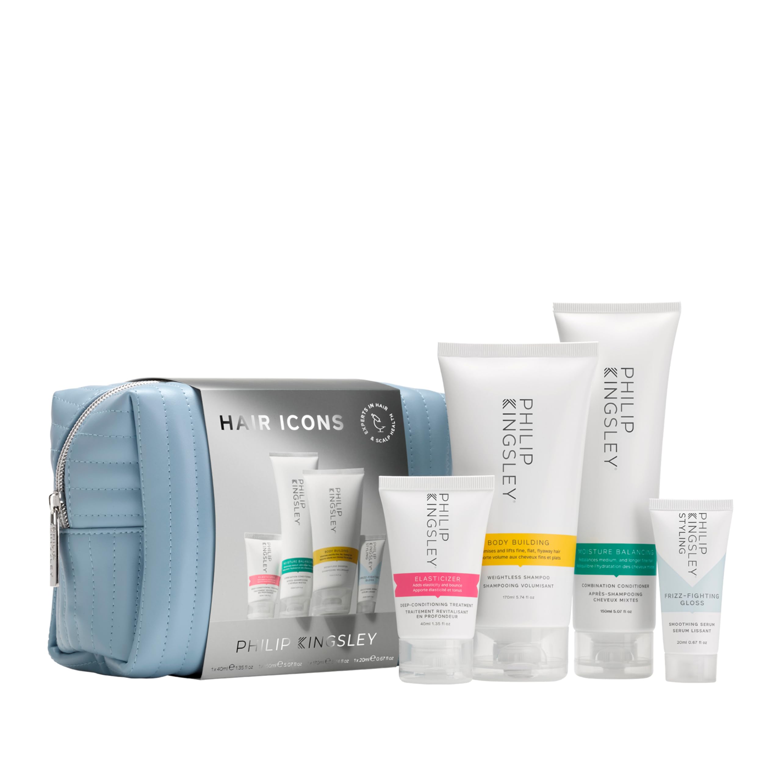 Philip Kingsley Set regalo con simboli per capelli, elastico, shampoo, balsamo e siero gloss, 40 ml, 170 ml, 150 ml, 20 ml