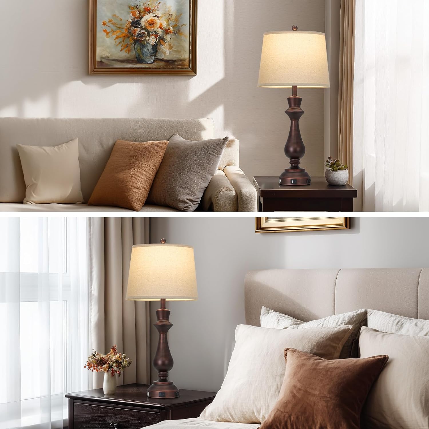 Touch Lamps for Night Stand- 29.5" Tall Bedside Lamp with USB C+A, 3 Way Dimmable Bedroom Lamps, Vintage Brown Table Lamps for Living Room,Single Brown