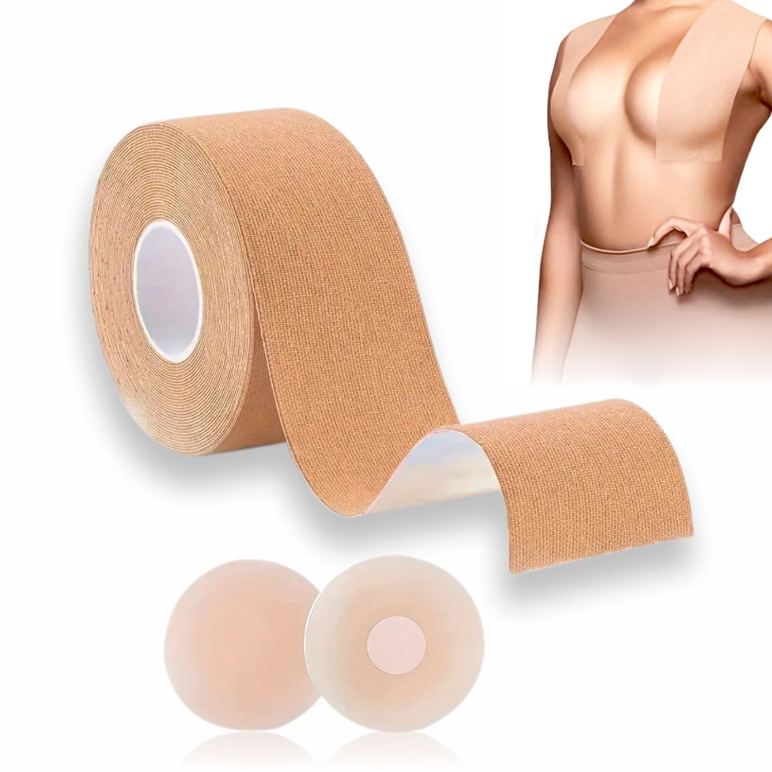 RUFFELTBreast Tape Strapless Boob Tape Breast Lift Tape 5M With 2Pcs Nipple Covers Self Adhesive Booby Body Tape For Large Breasts Stretchable Chest Tape For Tit Bra Tape Under Clothing Women Essentials