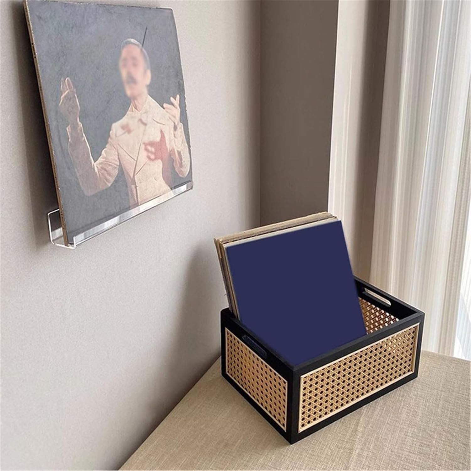 Record Holder Vinyl Record Box Versatile Wooden Woven CD Albums Books Storage Rack Record Display Rack