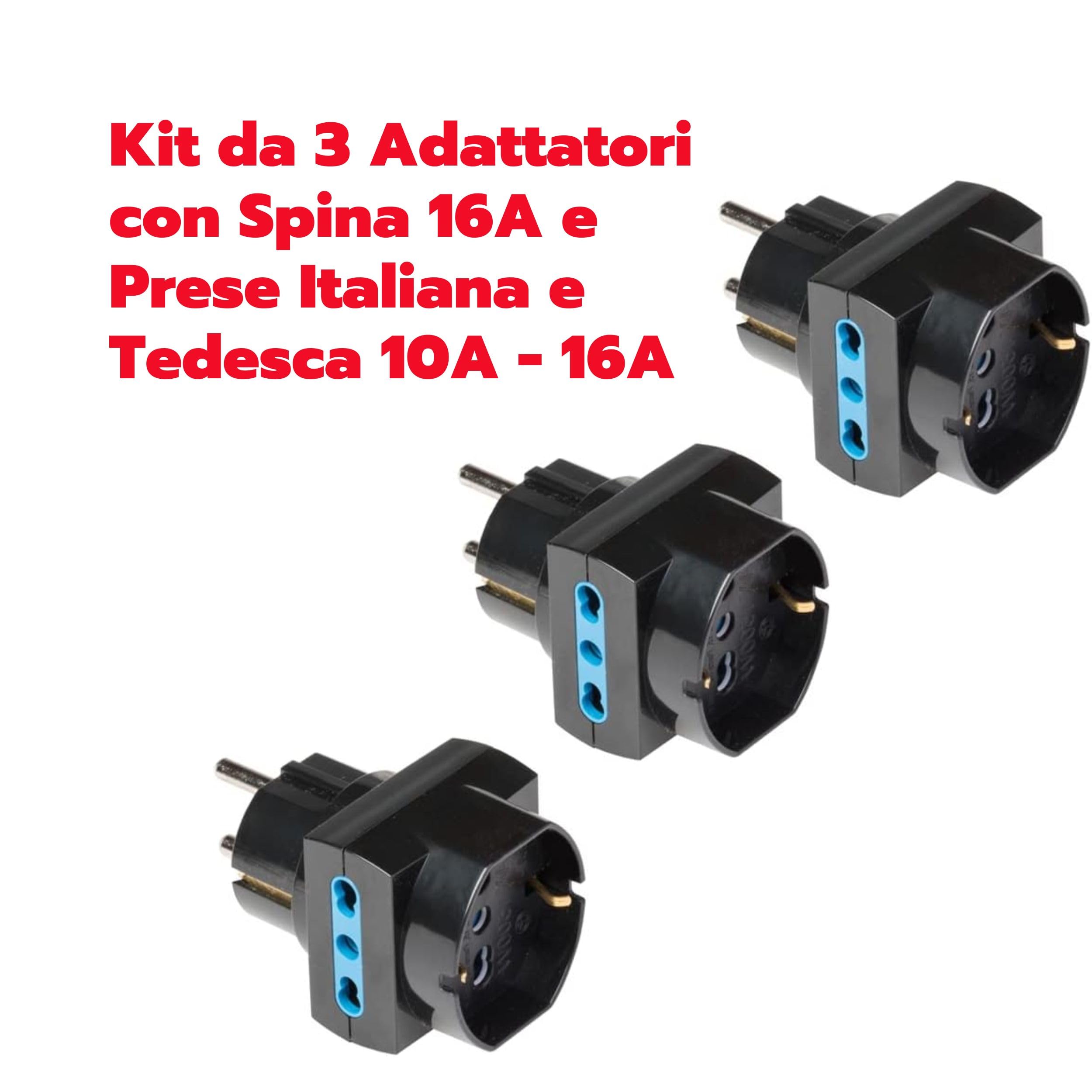 POLY POOL | PP2351.13 Adattatore Pluristandard con Spina Schuko Kit da 3 Adattatori con Spina 16A e Prese Italiana e Tedesca 10A - 16A, Nero