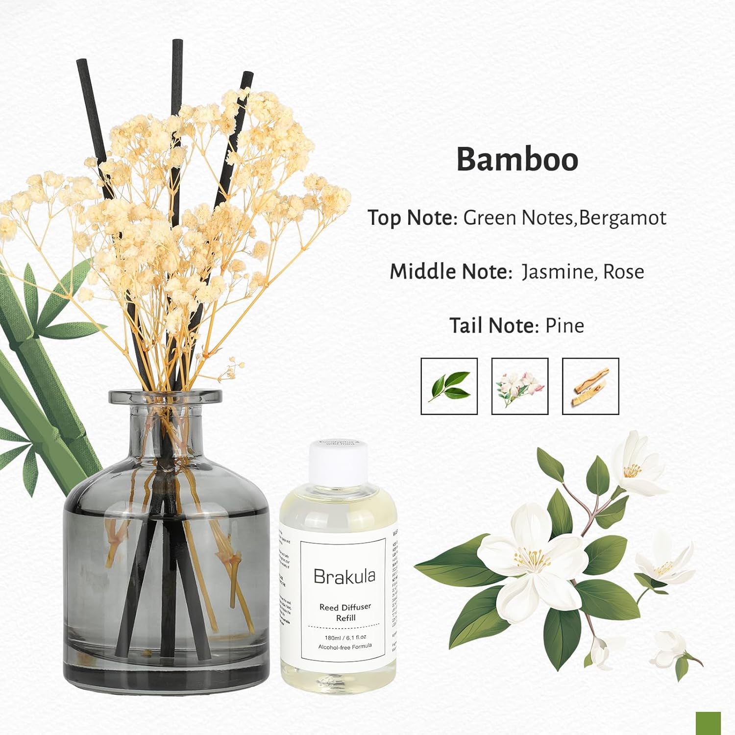 Brakula Reed Diffuser Set, 6.09 fl oz (180 ml)- Bamboo with 8 Reed Sticks, Home Fragrance Reed Diffuser for Bathroom Shelf Decor - Image 2