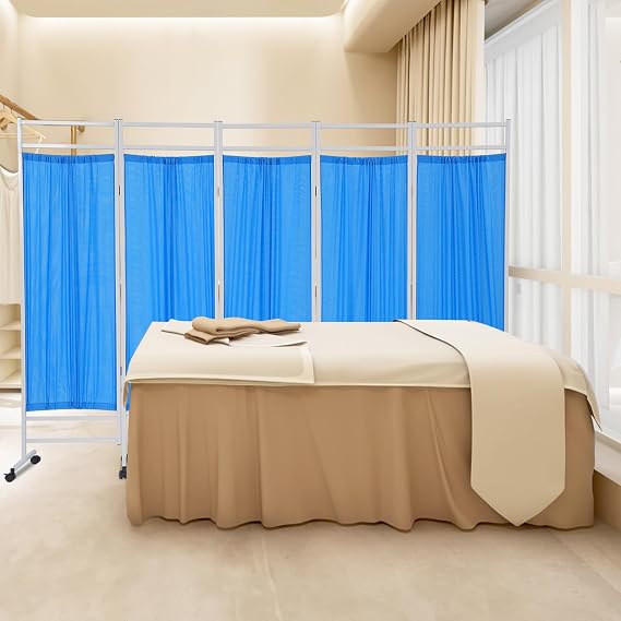 5.9 Ft Medical Privacy Screen, 5-Panel Medical Room Divider on Wheels Foldable Partition with Dual Fabric Portable and Foldable Medical Room Divider for Hospital Clinic Beauty Salon (Blue)