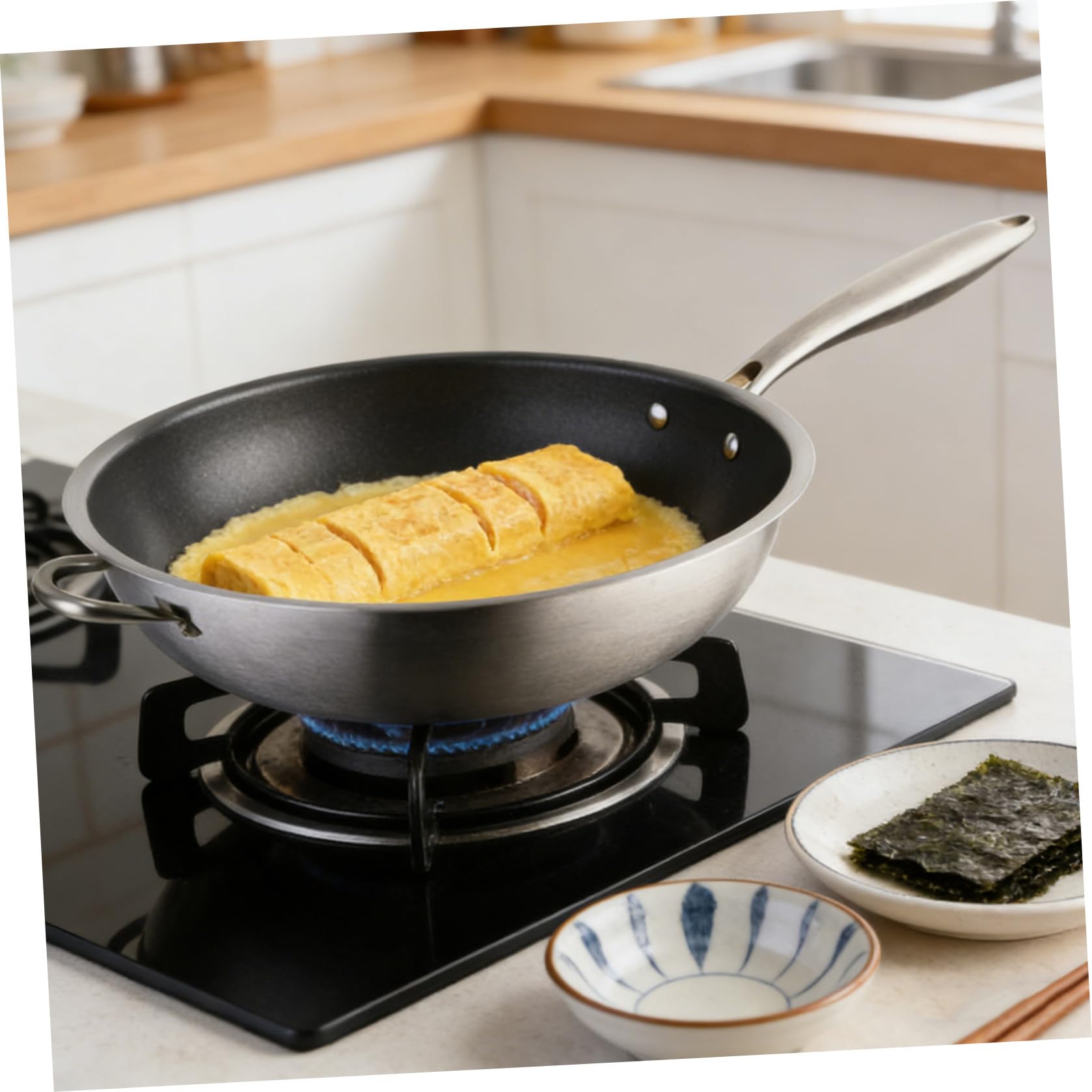 Wok Antiadhésif en Acier Inoxydable Nid Abeille 36cm Cuisine