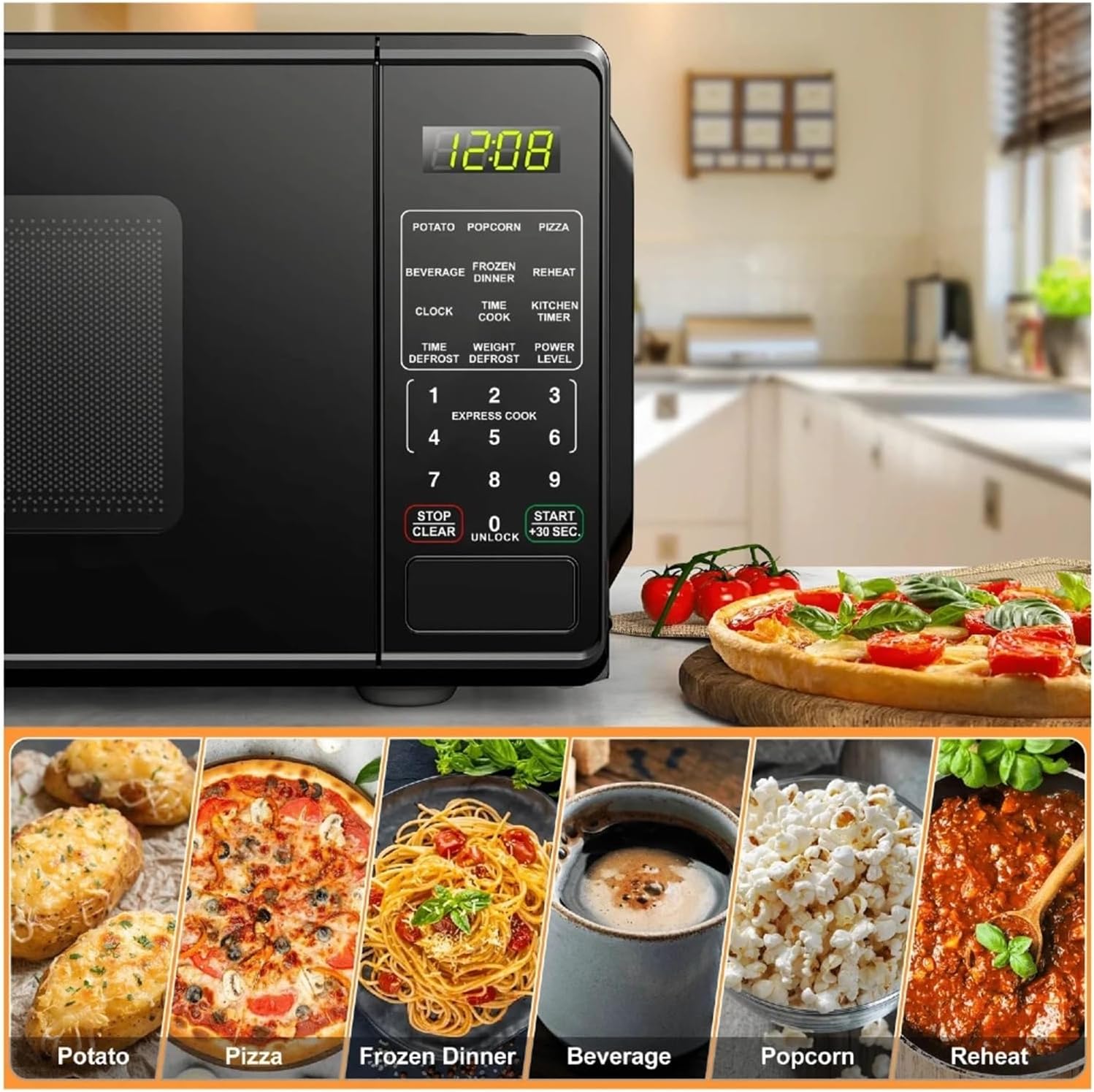 Black 0.7 Cu.Ft Countertop Microwave Oven 700W – Compact Kitchen Appliance, Quick Heating, Defrost & Reheat, Easy-to-Use For Hom