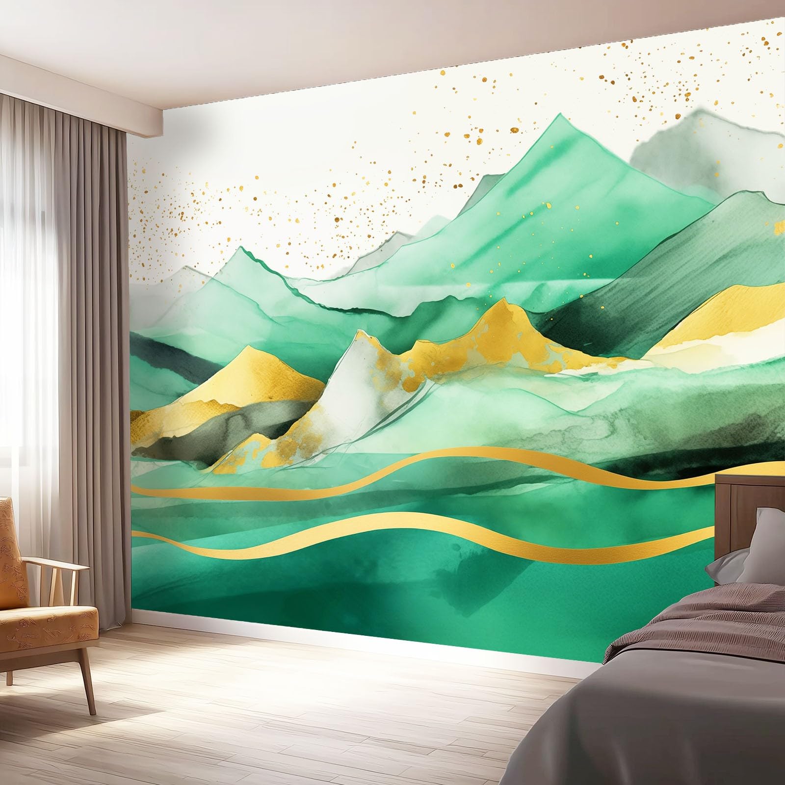Tapeta 3D z włókniny abstrakcyjne wzgórza z liniami 400 x 280 cm tapeta dekoracja ścienna do salonu sypialnia zielony złoty