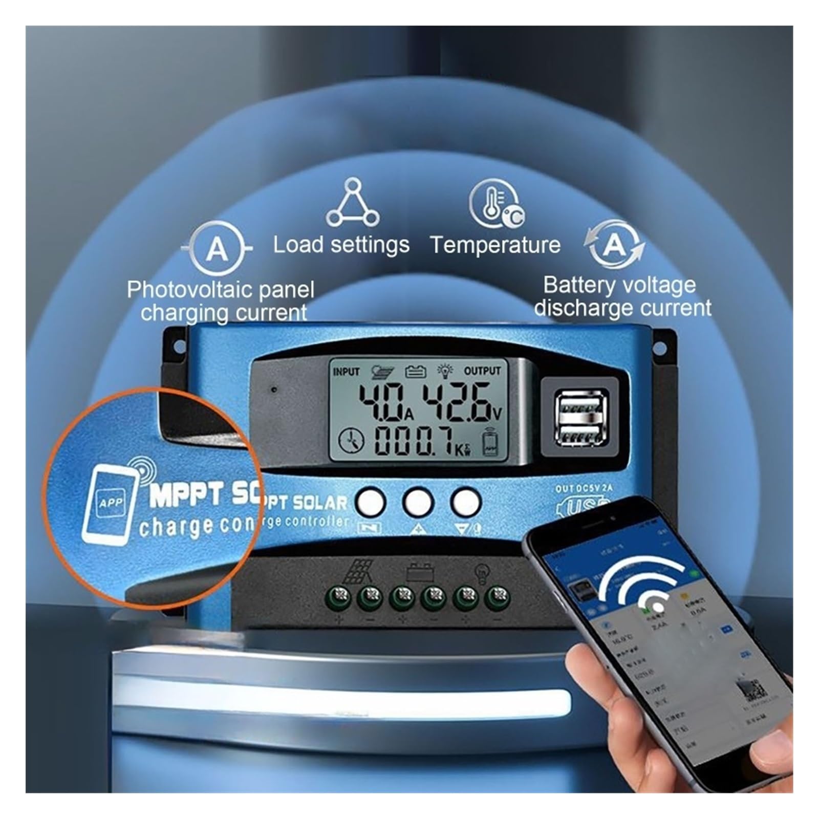 Kontroler ładowania słonecznego, 12V 24V WiFi Bluetooth MPPT Regulator Ładowania Słonecznego Z Wyświetlaczem LCD Podwójny Port USB Do Baterii Litowo-ołowiowej 100A 60A 40A 30A(Only bluetooth,100A)