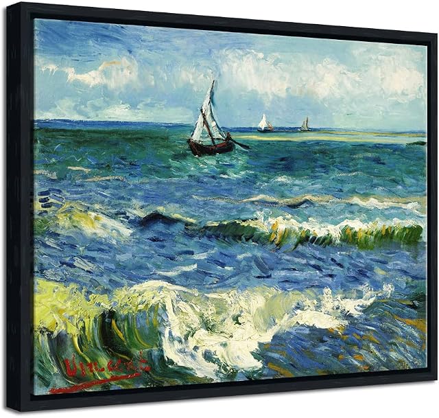 Wieco Art Black Framed Wall Art Canvas Prints Seascape at Saintes Maries by Vincent Van Gogh Modern Canvas Prints Sea Pictures on Canvas Wall Art for Living Room Home Decorations