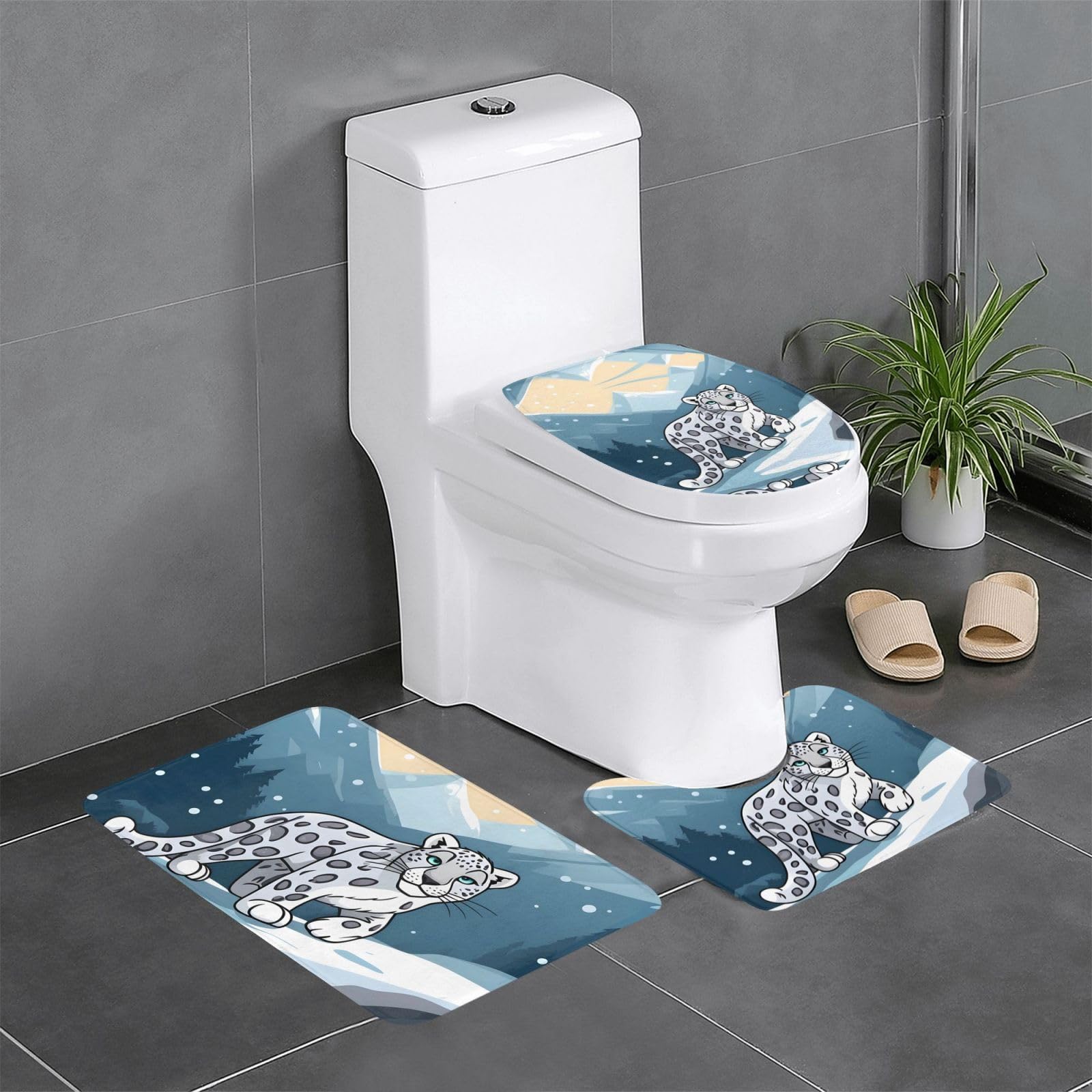 Tapis de salle de bain motif léopard des neiges au design ovale et rectangulaire chic