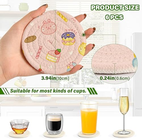 Miniatura 3 de Juego de posavasos de 4 pulgadas con soporte, diseño de conejo, dona, té de burbujas, melocotón, juego de 6 posavasos absorbentes para protección de