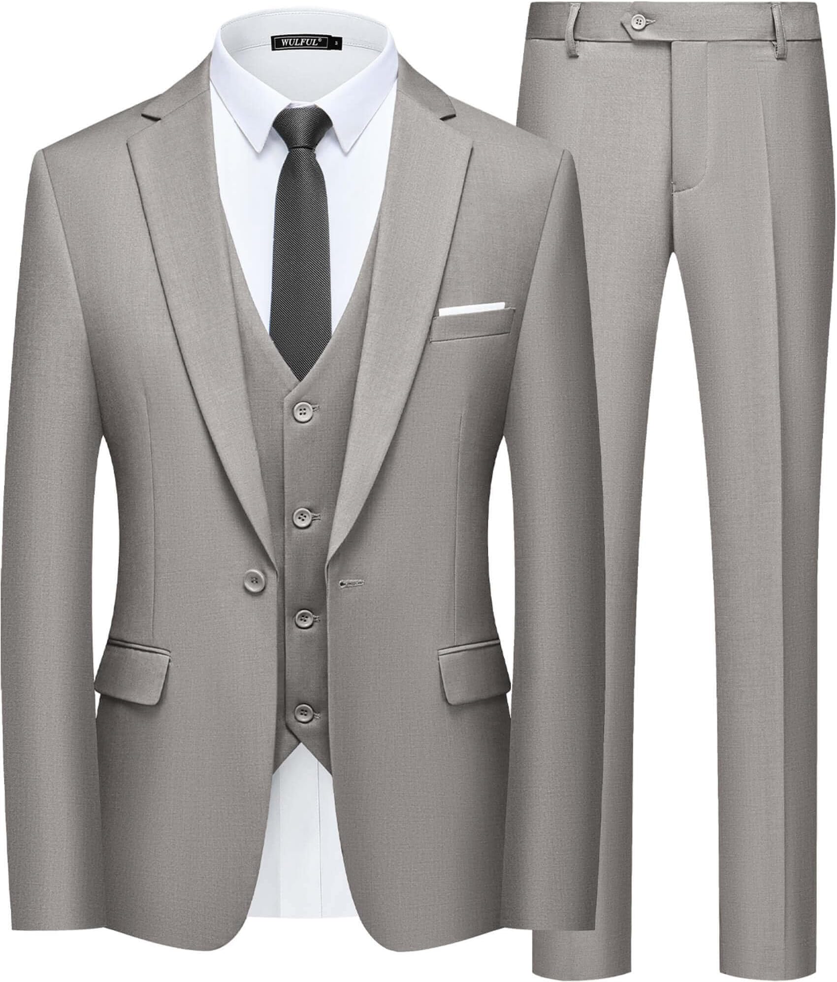 WULFULMen’s Slim Fit Suit One Button 3-Piece Blazer Dress Business Wedding Party Jacket Vest & Pant