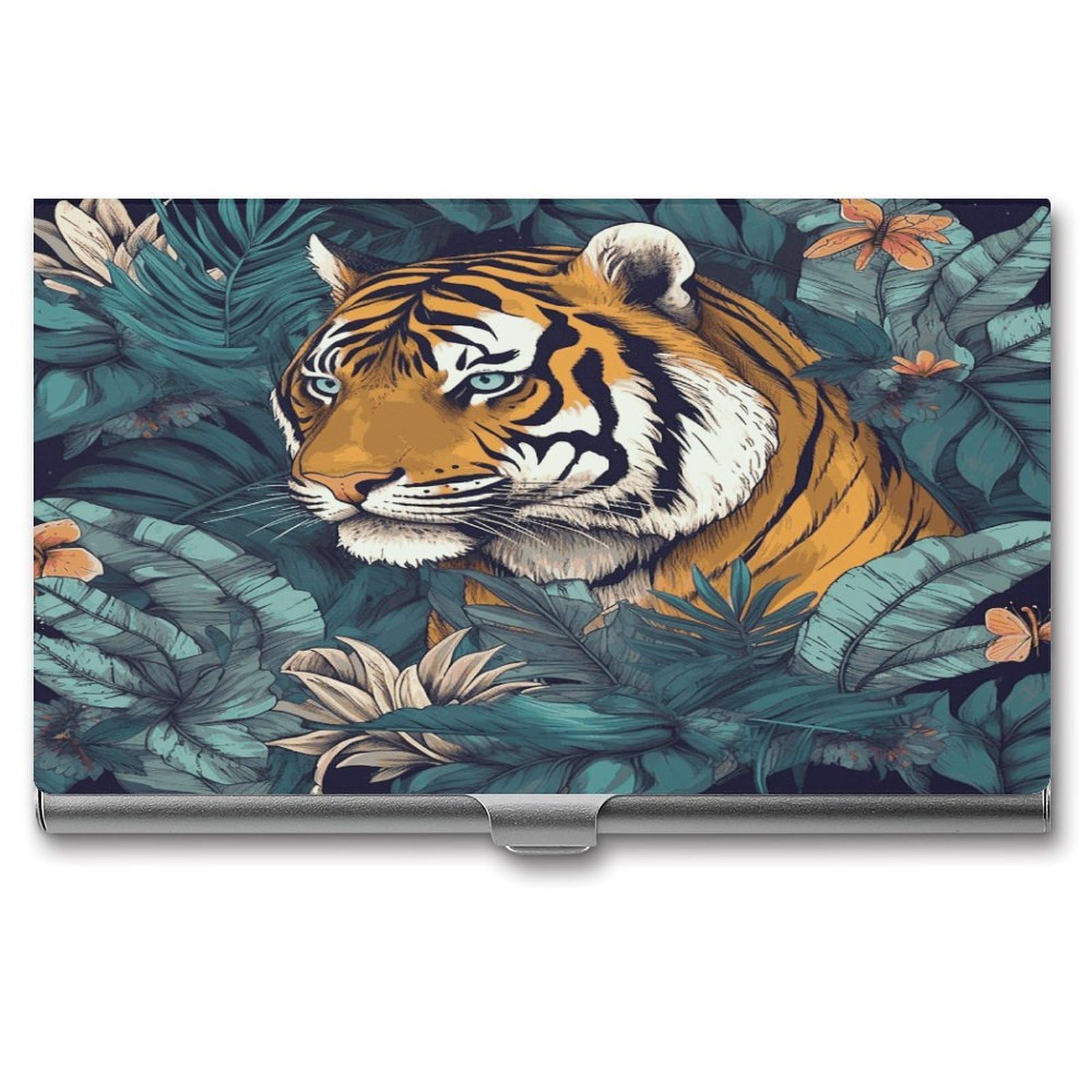 LDGSUPH Tropical Tiger Business Card Holder Fashion Slim Name Card Holder Minimalist Design Case Metal Card Carrier Personalized Business Card Case with Flip for Men Women