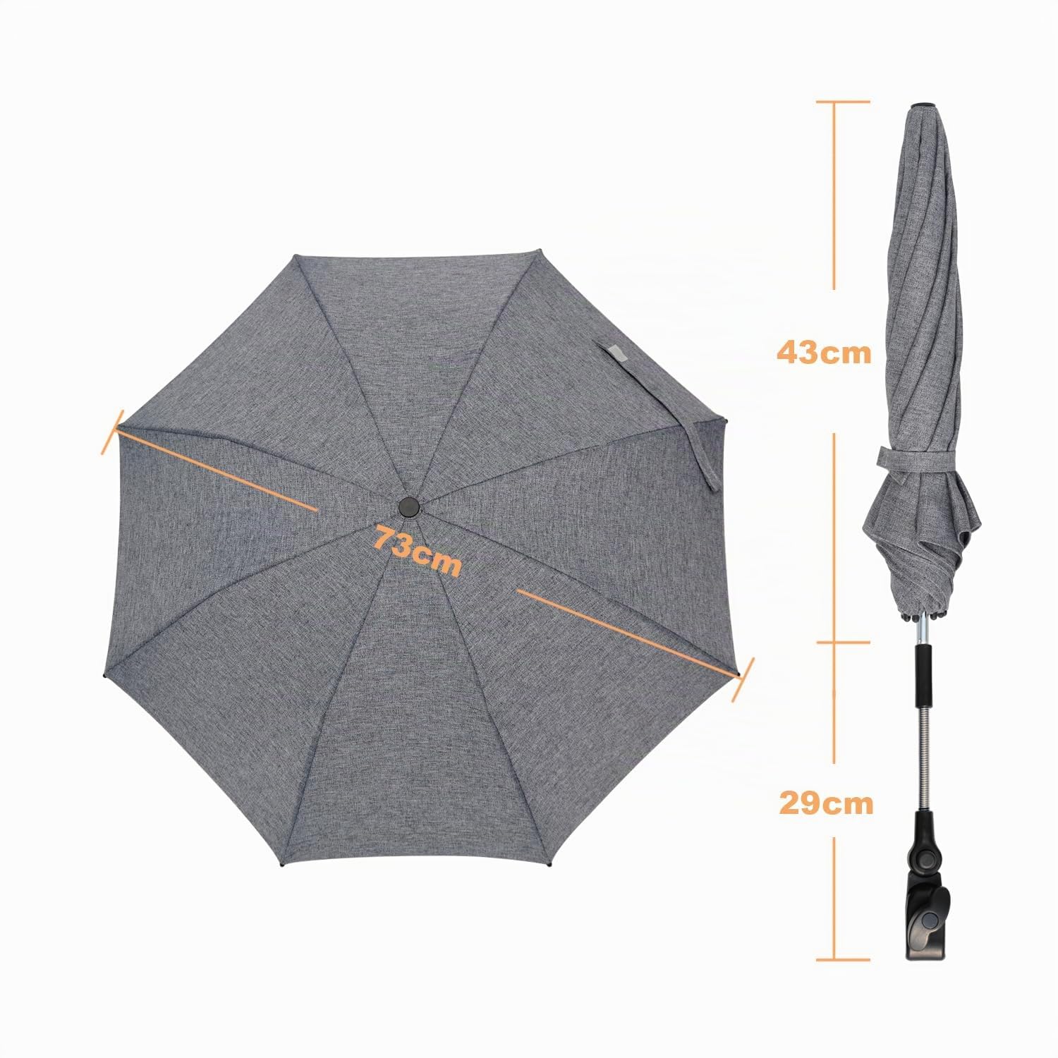 Ombrellone per Passeggino, 72cm 50+ UV Ombrello Universale per Bambini e Neonati Protezione Solare con Manico ad Ombrello per Carrozzina & Passeggino - Grigio