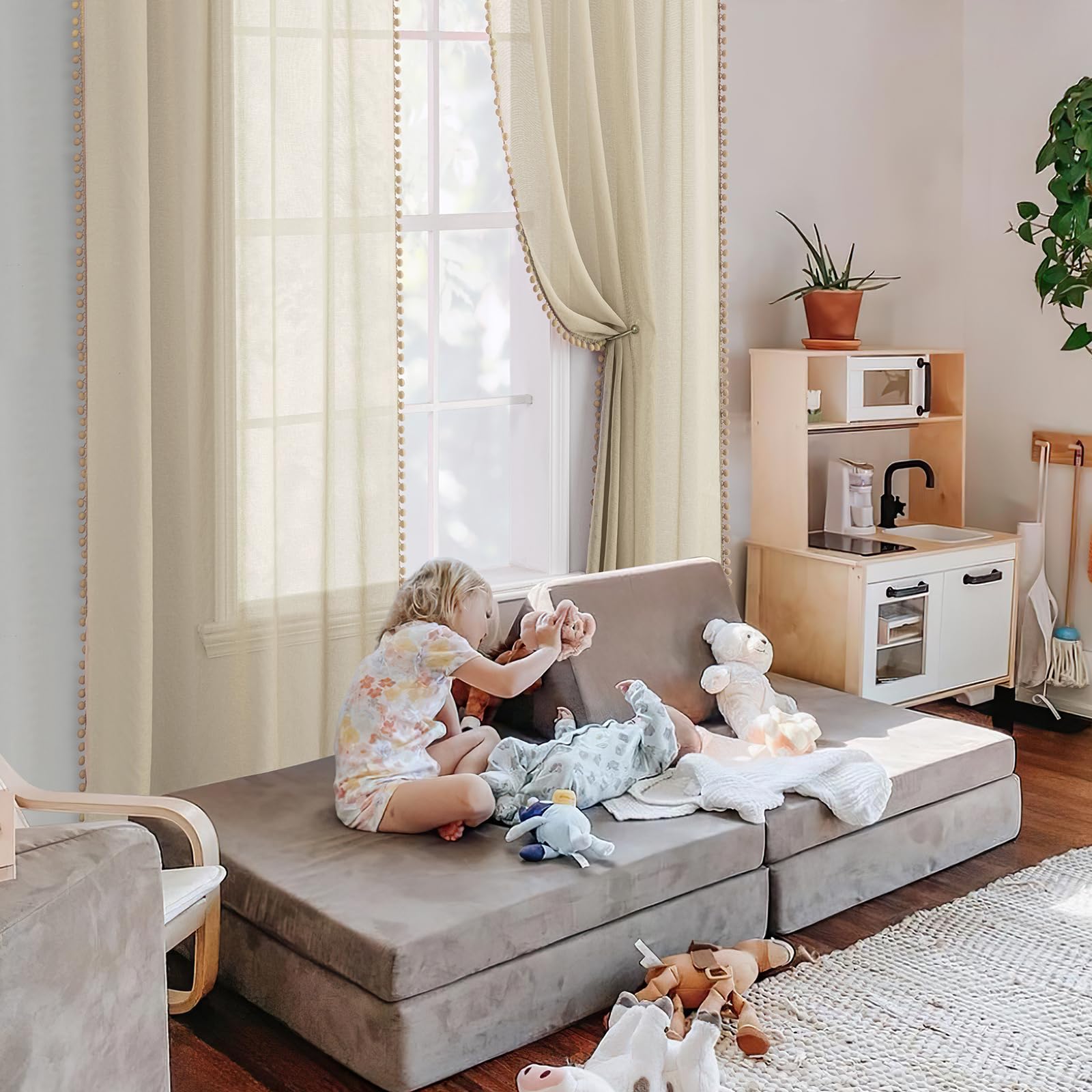MIULEE Voilage Pompons Passe Tringle 2p L140 H225 Beige | Voilage décoratif à pompons boule avec œillets, style mignon pour chambre bébé et salon