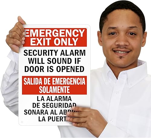 Miniatura 8 de SmartSign Letrero bilingüe "Solo salida de emergencia la alarma de seguridad sonará si la puerta está abierta", plástico de 10 x 14 pulgadas