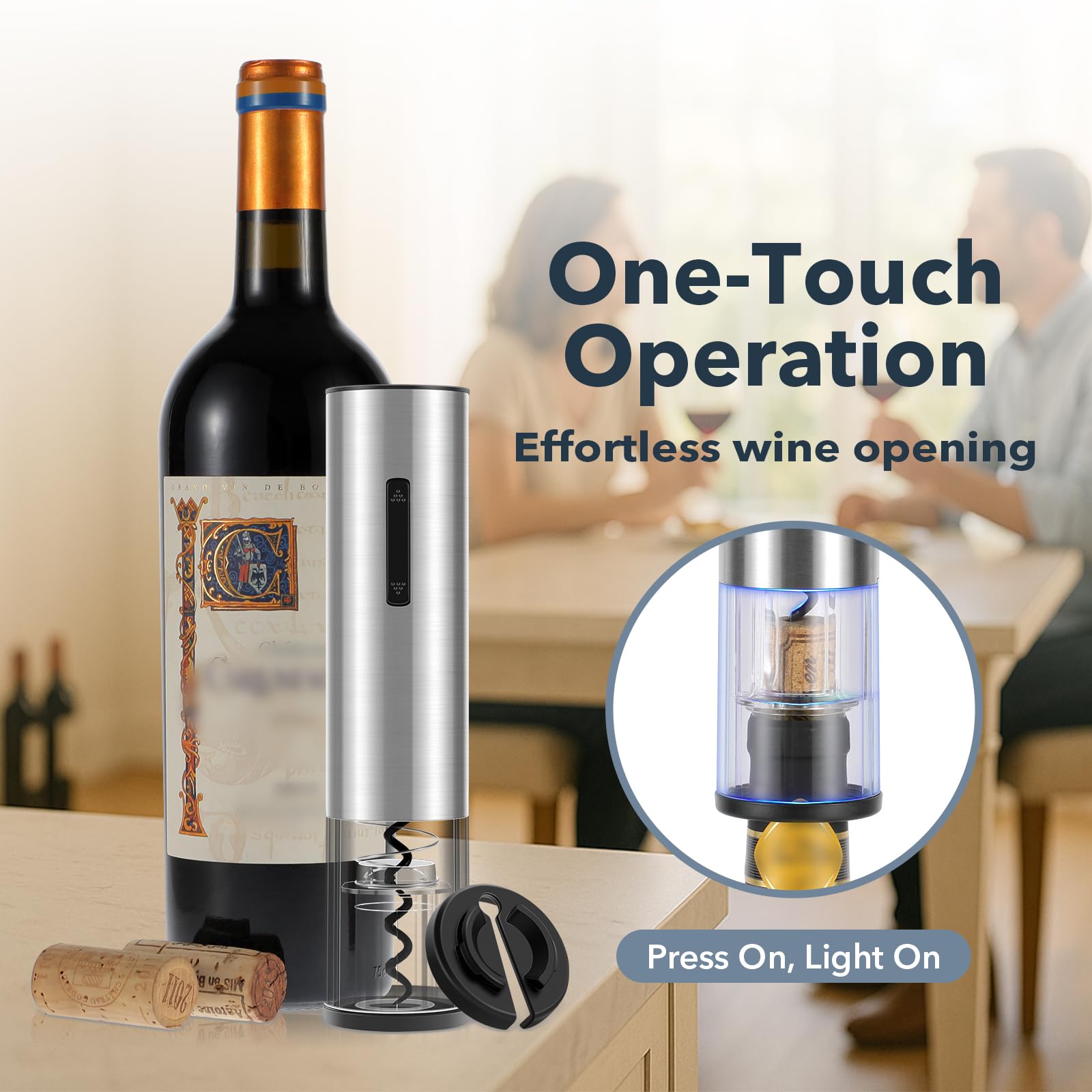 Electric Wine Opener Rechargeable – USB-C Charging, Wine Opener Electric with Foil Cutter, Electric Wine Bottle Opener, Electric Corkscrew Wine Opener, Stainless Steel, Must-Have for Wine Lovers