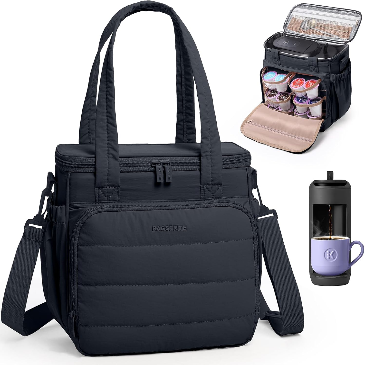 BAGSPRITE Coffee Maker Travel Bag Compatible with Keurig K-Mini Mate, Carrying Case for K-Cup Single Serve Coffee Maker, Portable Coffee Maker Case with Pod Organizer, Mug Pockets & Shoulder Strap