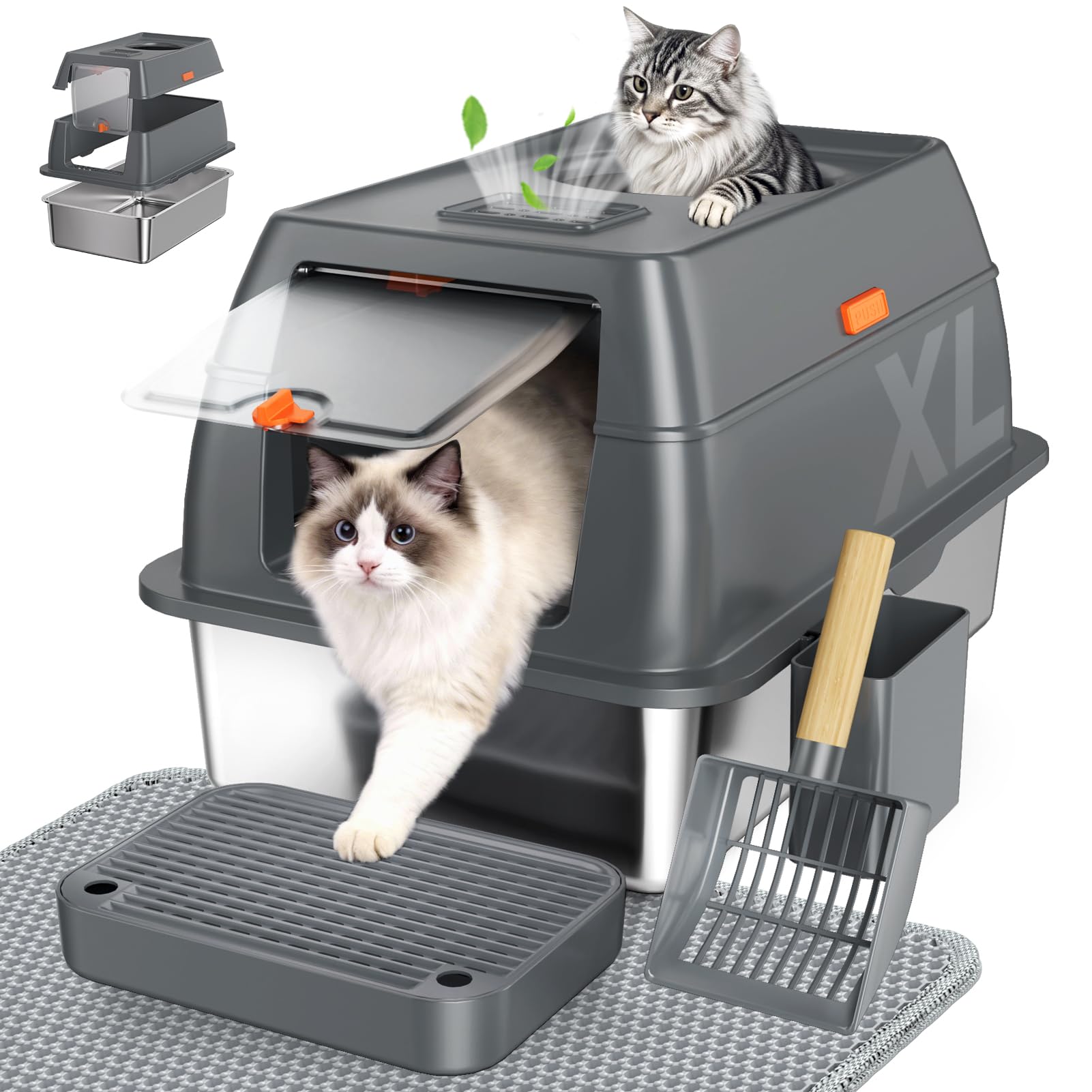 Tevila Extra Large Stainless Steel Litter Box with Lid, High Sided Enclosed Metal Cat Litter Pan, Dog Proof Front Entry Top Exit, Odor Control Easy Clean Leak Proof, Includes Mat, Scoop & Step, Grey