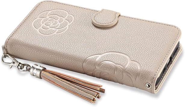 Galaxy S25 Folio Case Embossed Flower Pattern Simple Plain Lychee Leather with Mirror Tassel Charm Befortwo Camellia Flower Galaxy S25 Notebook Type Smartphone Case Cute Design Girls Galaxy S25 SC-51F Cover Notebook Type Card Slots Support Stand Function Muted Color Soft Inlay Cover Camel