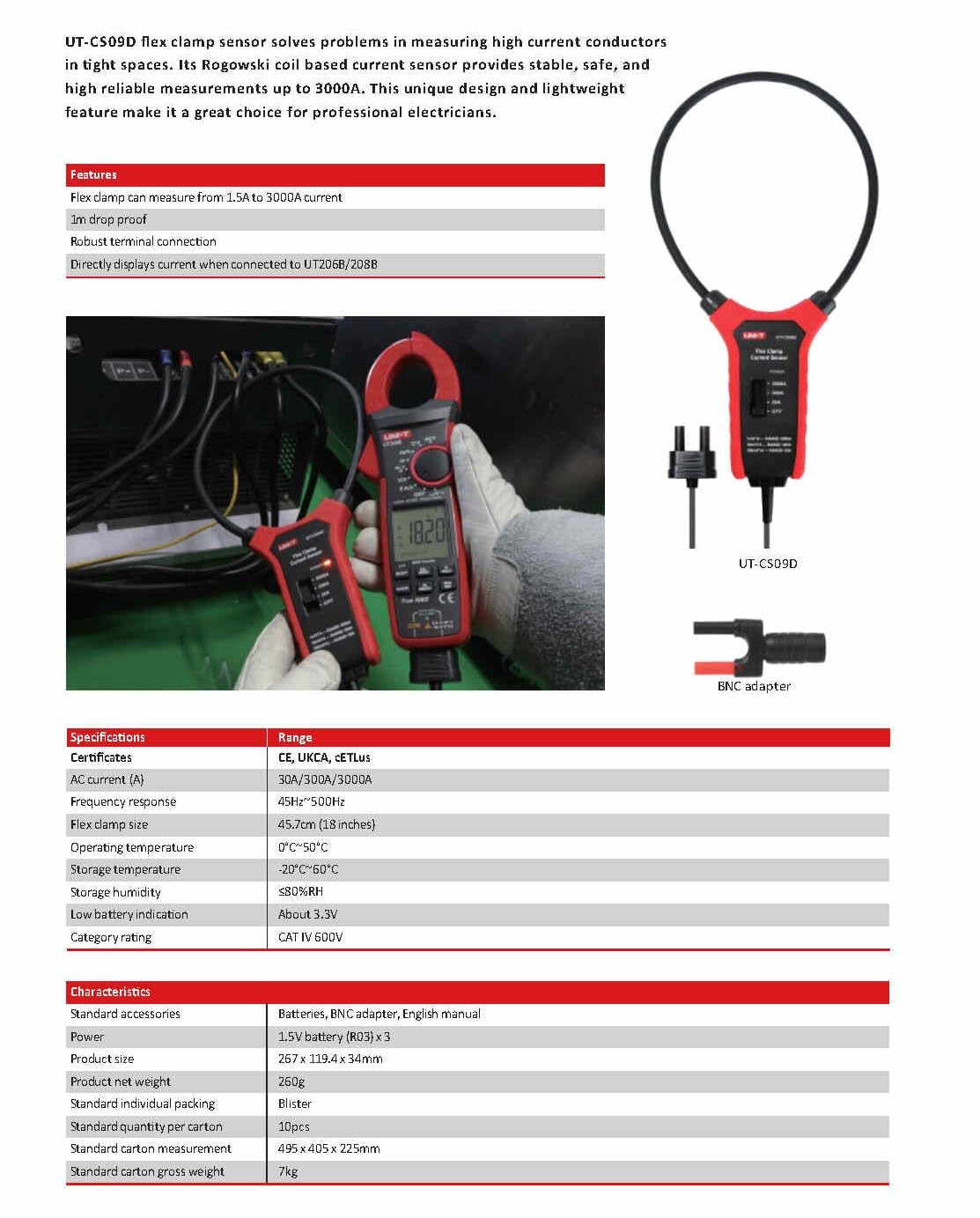 UNI-T Uni-trend UT-CS09D 3000A AC Current Flexible clamp meter Flex Clamp Sensor Amperemeter Frequency Meter Directly displays current when connected to UNI-T UT206B/208B(CS09D)