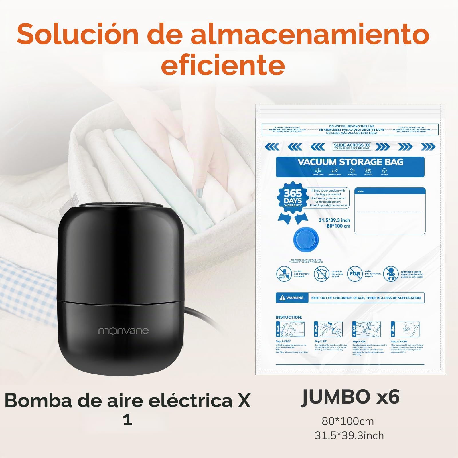 MONVANE Bolsa al Vacio Ropa con Bomba Eléctrica, 6 Jumbo (100 x 80 cm) Bolsas de Almacenaje al Vacío - Bolsas de Vacío para Viaje, Edredones, Mantas, Almohadas, Ropa de Cama