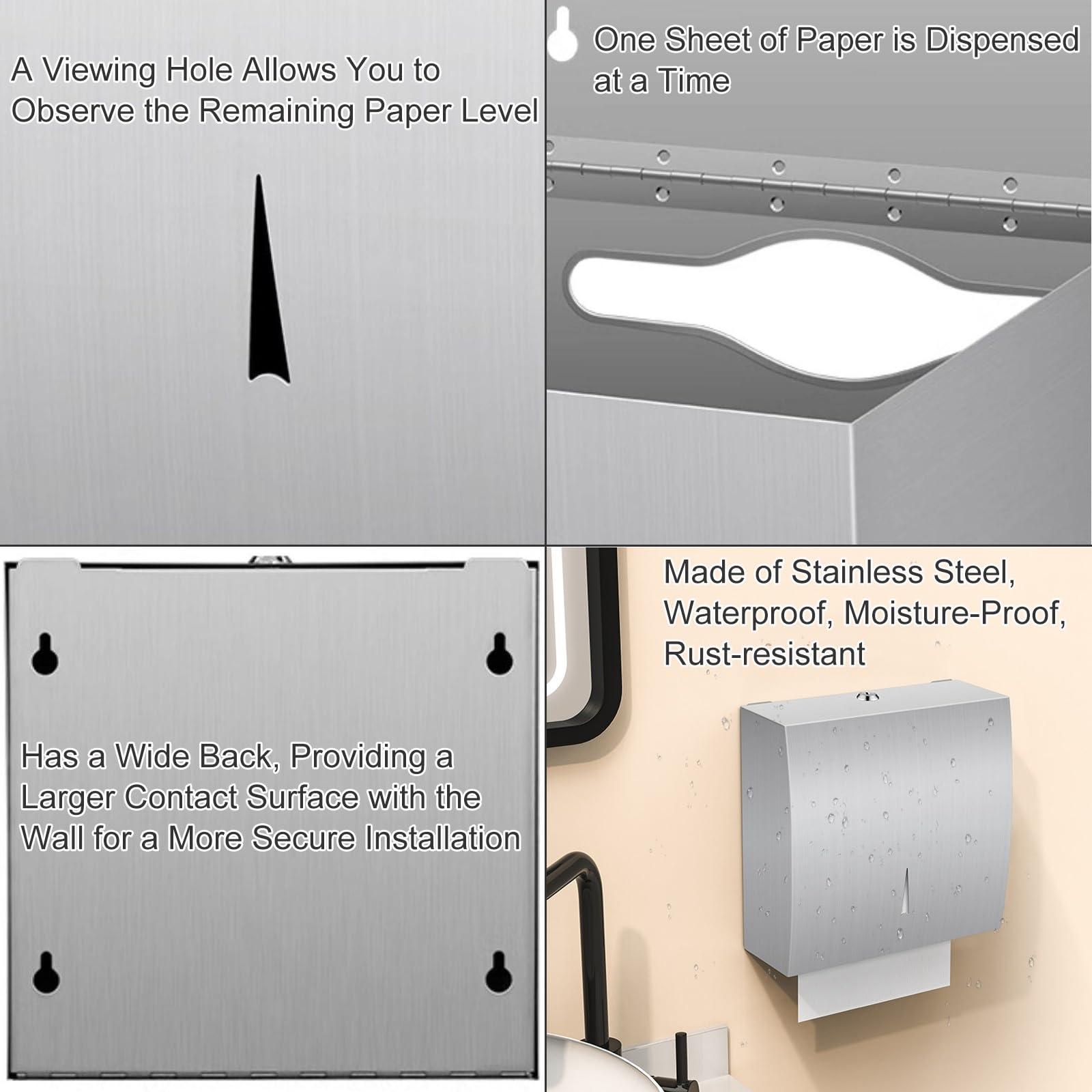 Dispensador Papel Secamanos, Dispensador de Papel de Manos Montaje en Pared, Comercial, Acero Inoxidable(Silver)
