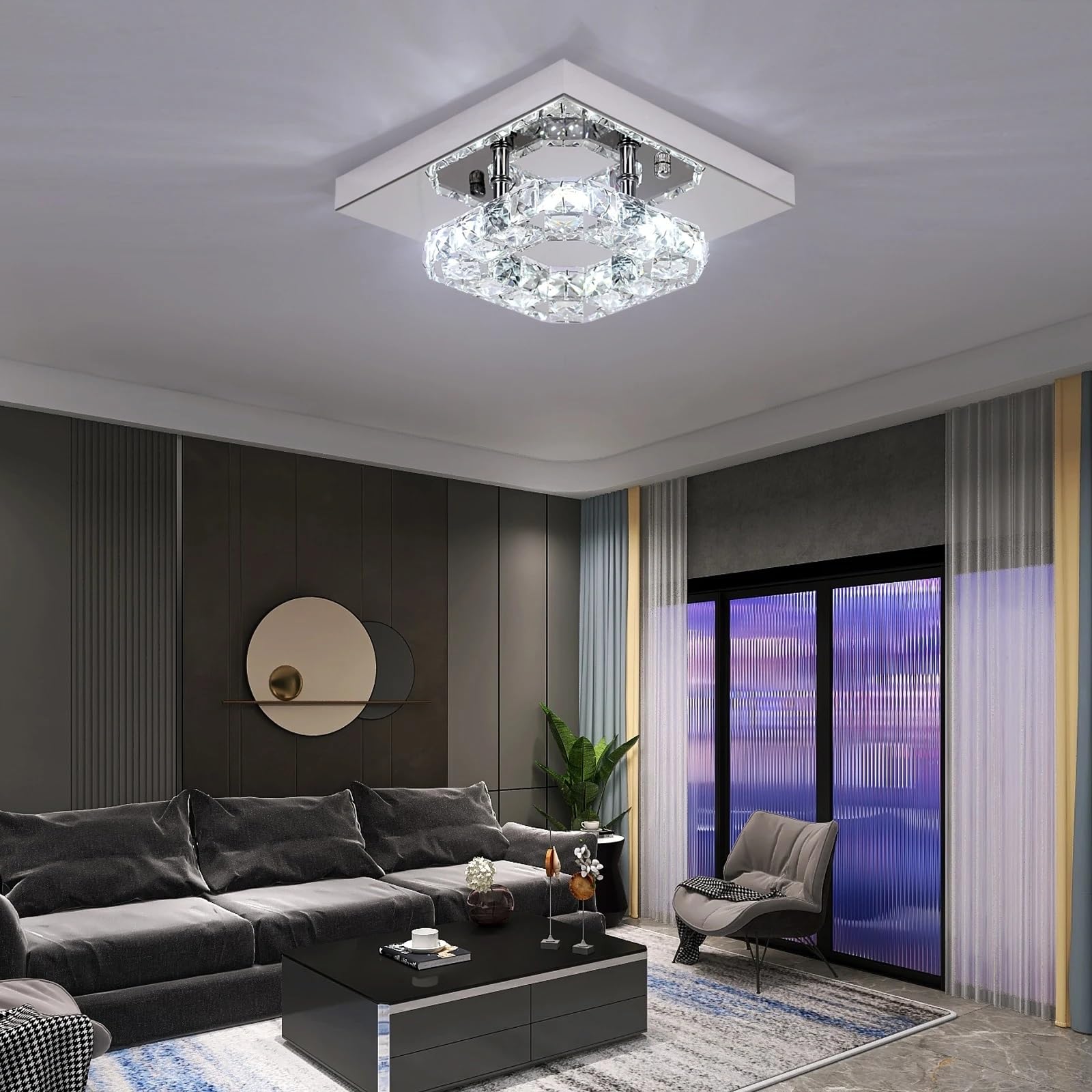 Jybnbbe 15.5*20Cm Small Crystal Chandelier Flush Mount Ceiling Light Fixtures, Modern Crystal Led Ceiling Lamp Dimmable Cool Light/Warm Light/Natural Light,15.5 * 20Cm