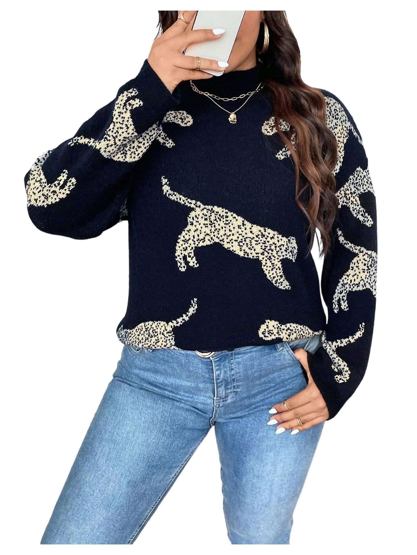 WDIRARA Womens Plus Size Leopard Sweaters Long Sleeve Mock Neck Pullover Knit Tops