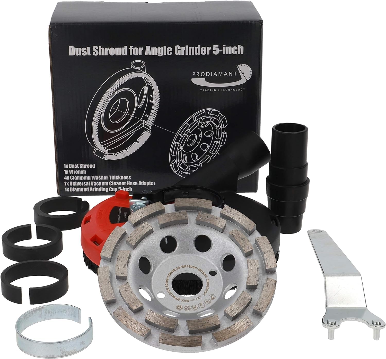 PRODIAMANT® Absaughaube für Winkelschleifer [INKL. ADAPTERRINGE, SPANNSCHLÜSSEL & STAUBSAUGERADAPTER] - mit Bürstenkranz - Staubfreies Arbeiten - Premium-Werkzeug mit Diamant-Schleiftopf - 125mm