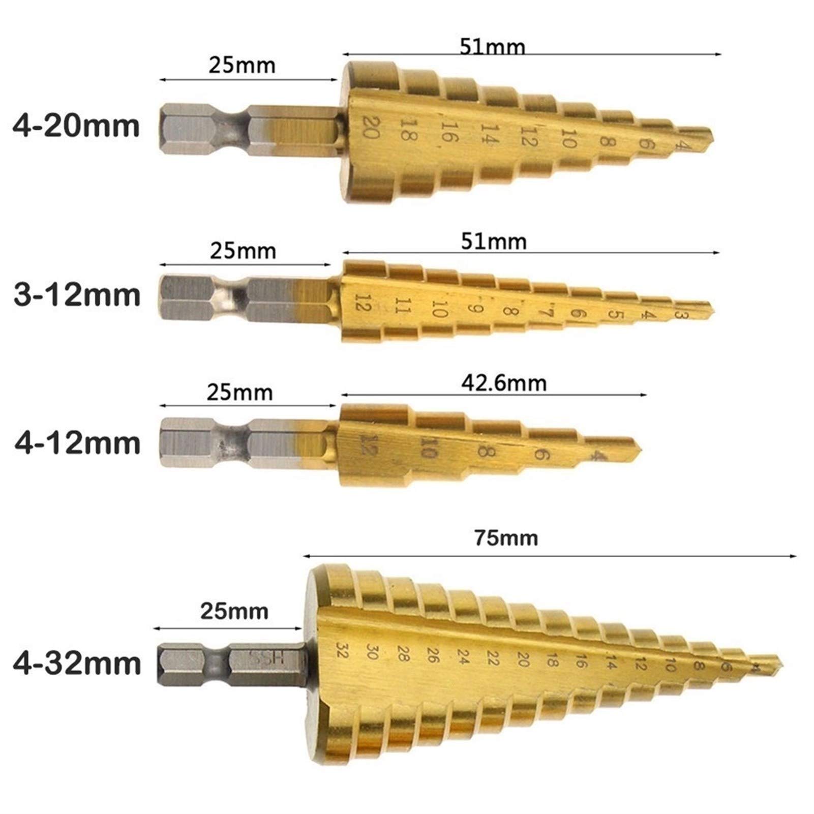 Herramientas de perforación Metal 3-12/4-12/20/32mm Broca escalonada Espiral Flauta HSS Cono de acero Titanio nitrado Mini juego de herramientas de perforación Cortador de agujeros Todo nuev