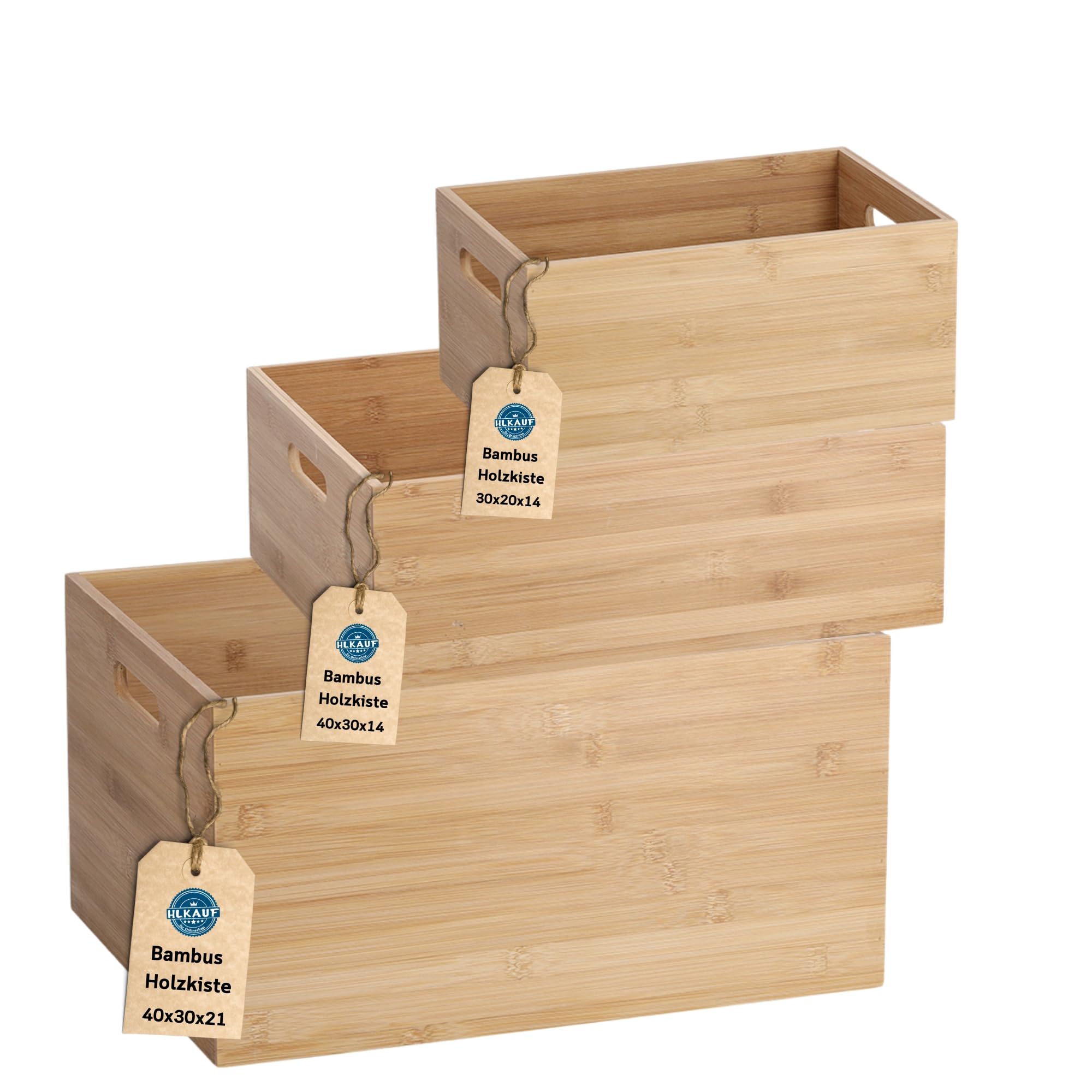 Holzkiste Bambus Ordnungsboxen Holz Kiste Aufbewahrungsbox robuste Organizer Holzkisten stapelbar verschiedene Größen & HLKauf-Block (Bambus-Mixset-3Größen & HLKauf-Block)