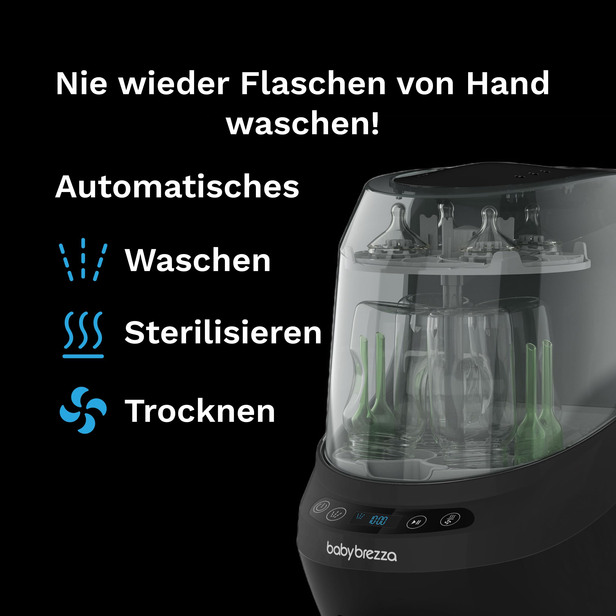 Baby Brezza Bottle Washer Pro Babyflaschenreiniger – Automatische Flaschenwaschmaschine für Babyflaschen – Reinigt, sterilisiert & trocknet – Mit HEPA-Filter, 20 Sprühdüsen & 6 Modi