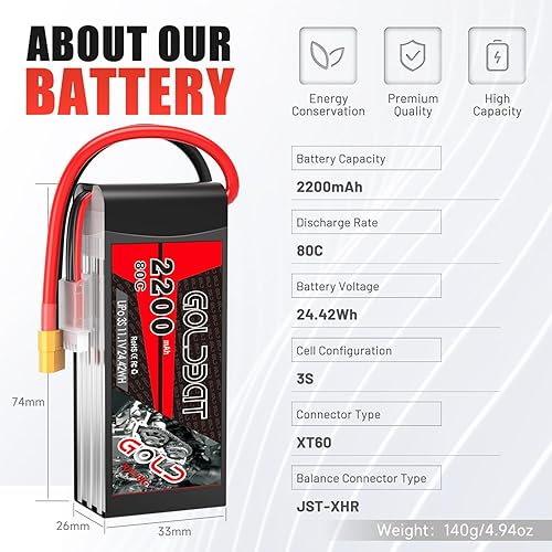 Miniatura 3 de GOLDBAT 3S 11.1V Lipo Batería 2200mAh 80C XT60 Conector 3S Batería corta para vehículos RC Car Vehículos RC Barco Drone Avión Quadcopter Helicóptero