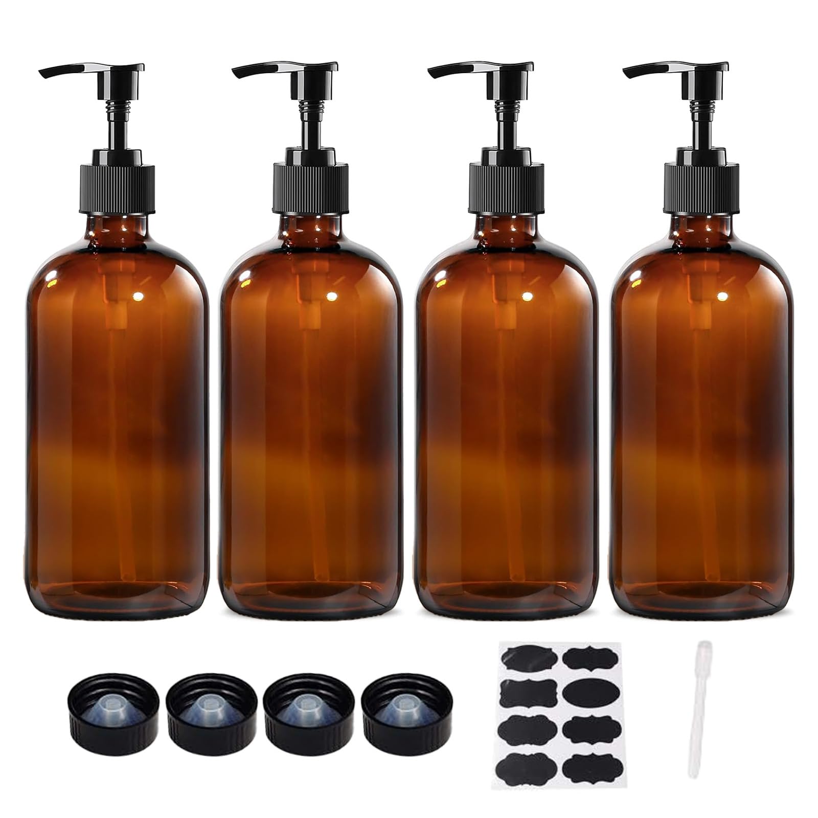 4 Pack 16 oz Amber Glass Bottles with Pumps for Shampoo, Essential Oils, Cleaning Products, Lotions, Aromatherapy Oil, Pump Bottles, Refillable Containers with Cap, 8 Chalk Labels, 1 Pen
