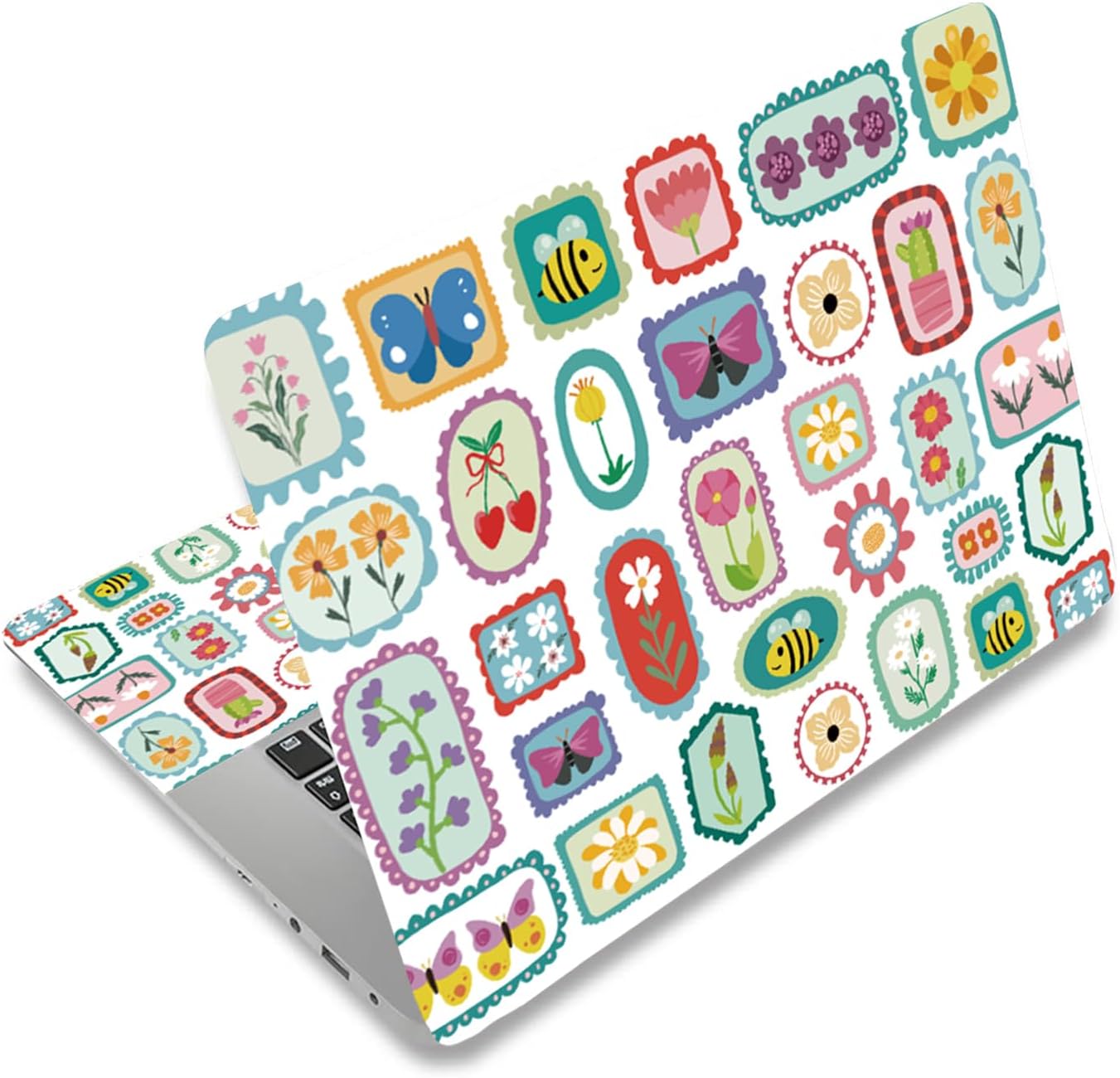 PLIGREAT 15 Inches Small Flower Stamp Style Laptop Sticker Decals, Creative Art Design Laptop Skin Stickers Fits 12" to 15" Laptops Universal Waterproof Removable Notebook Art Protector, White Green