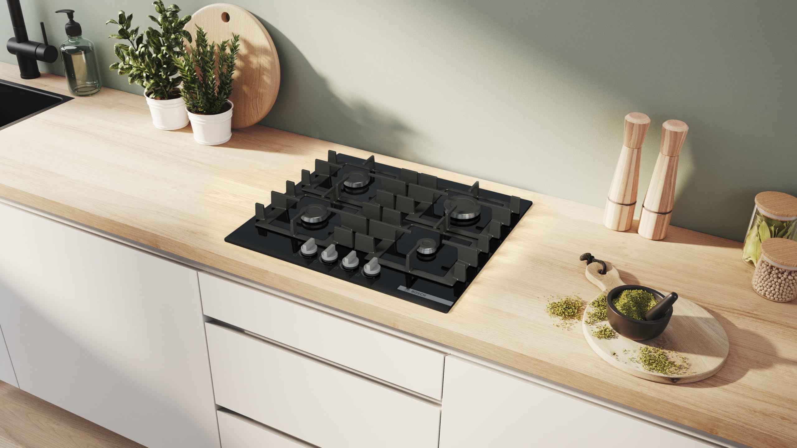 Bosch PNP6B6K40 Serie 4, Piano cottura a gas, 60 cm, Vetro temperato, Griglie ghisa lavabili in lavastoviglie, Nero