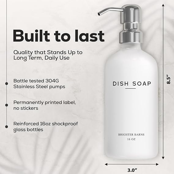 White Glass Soap Dispenser Set by Brighter Barns - Hand and Dish Soap Dispenser for Kitchen Sink - Kitchen Soap Dispenser Set & Pump - Farmhouse Kitchen Decor, Bathroom Decor & Accessories (White)