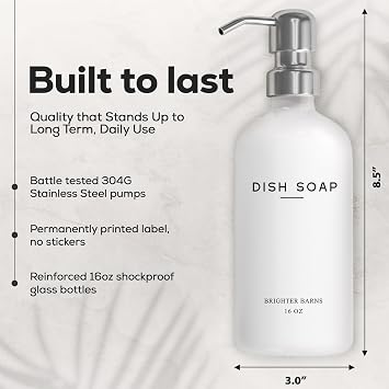 White Glass Soap Dispenser Set by Brighter Barns - Hand and Dish Soap Dispenser for Kitchen Sink - Kitchen Soap Dispenser Set & Pump - Farmhouse Kitchen Decor, Bathroom Decor & Accessories (White)