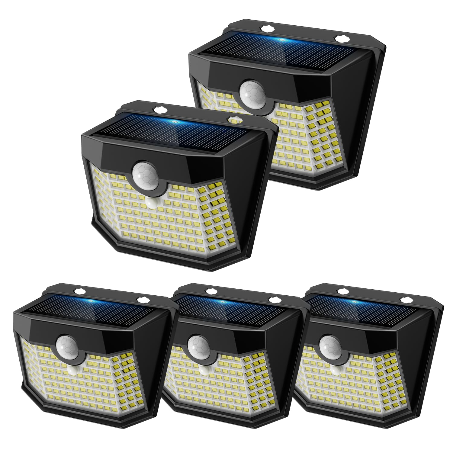 Aootek Lampada solare da esterno, da giardino, da parete, confezione da 5, 120 LED, IP65 | Rilevatore di movimento 8m, forma angolare, batteria al litio, guscio nero, luce fredda
