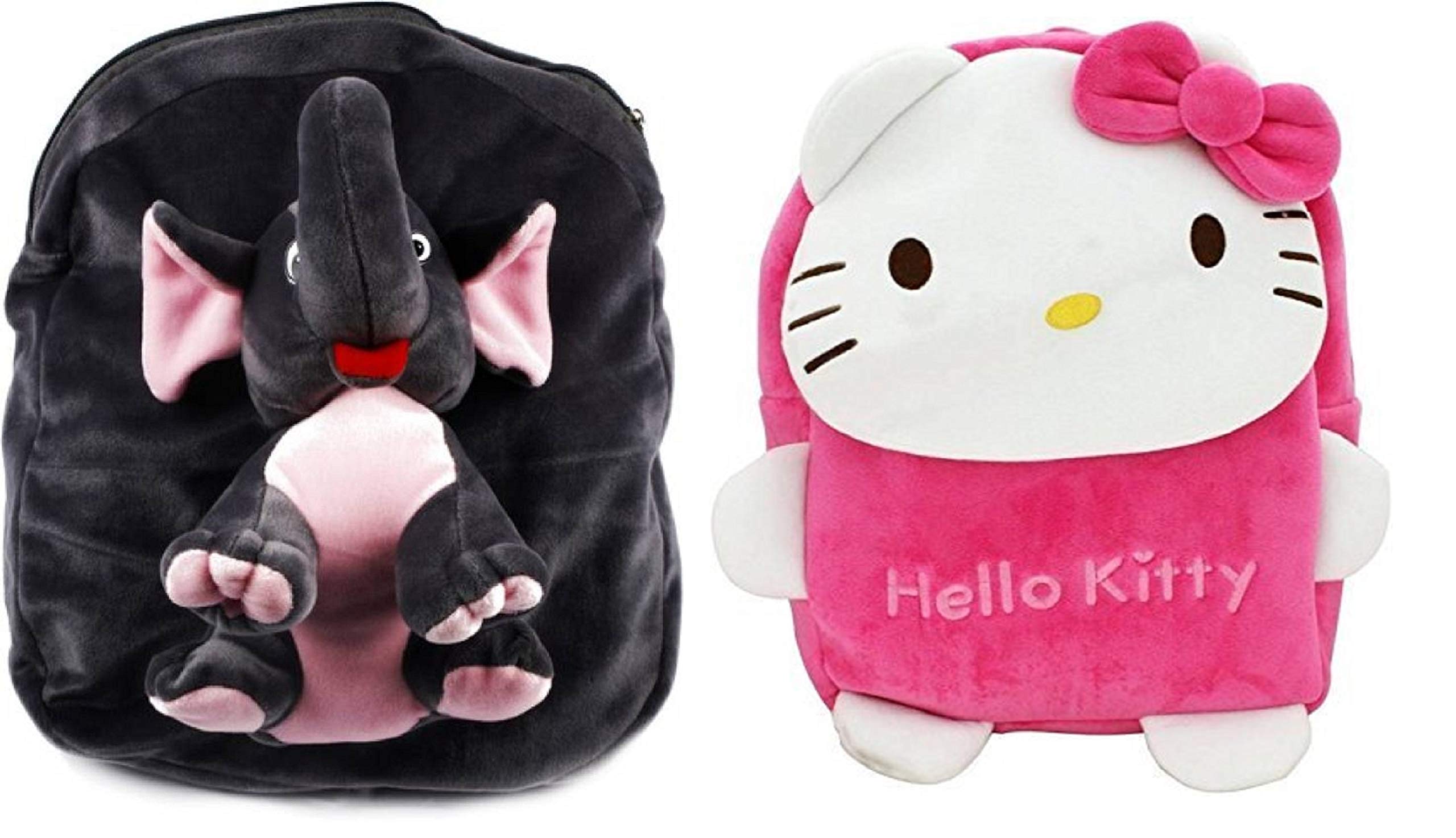 Blue Tree School Bag for Kids Soft Plush Backpack Combo Cartoon Bags Mini Travel Bag for for Girls Boys Toddler Baby (Full Body Elephant & KIDO Kitty)