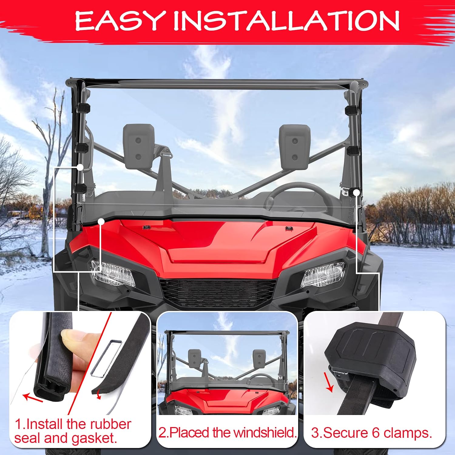 Pioneer 1000 Windshield-StarknightMT Front Full Pioneer Windshield Compatible with Pioneer 1000 / 1000-5 2016 2017 2018 2019 2020 2021 2022 2023 Used wiith Top