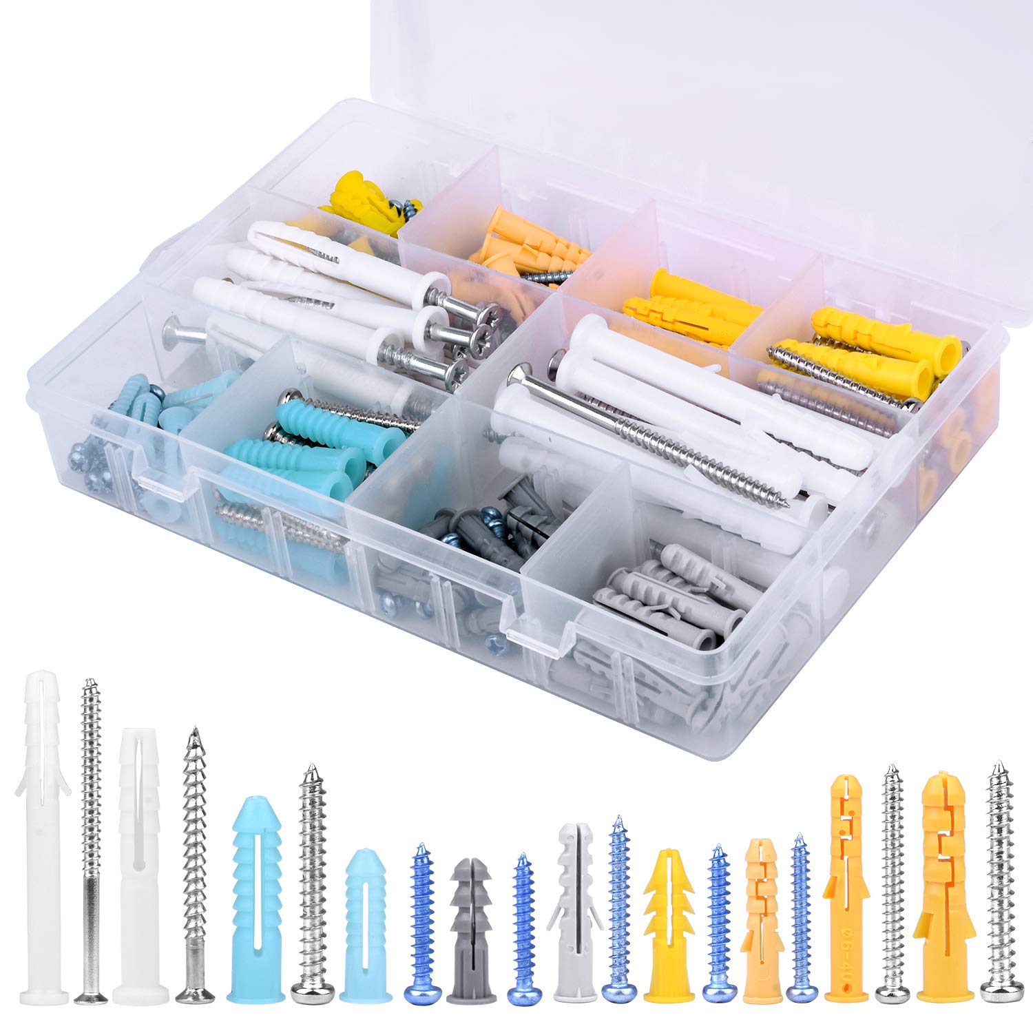 200 pcs Plastic Self Drilling Drywall Ribbed Anchors Assortment with Screws Kit JA002