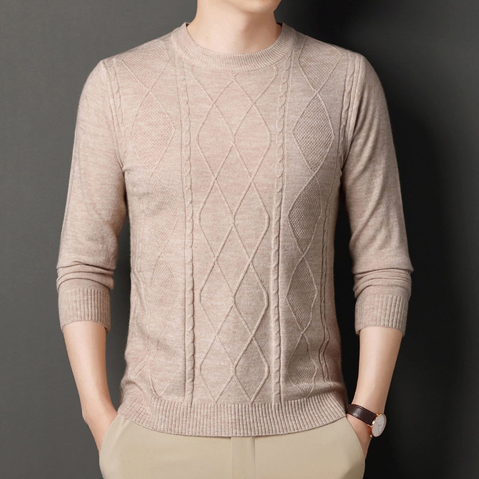 Pull à col roulé chaud pour hommes en tricot jacquard losange ample - 2